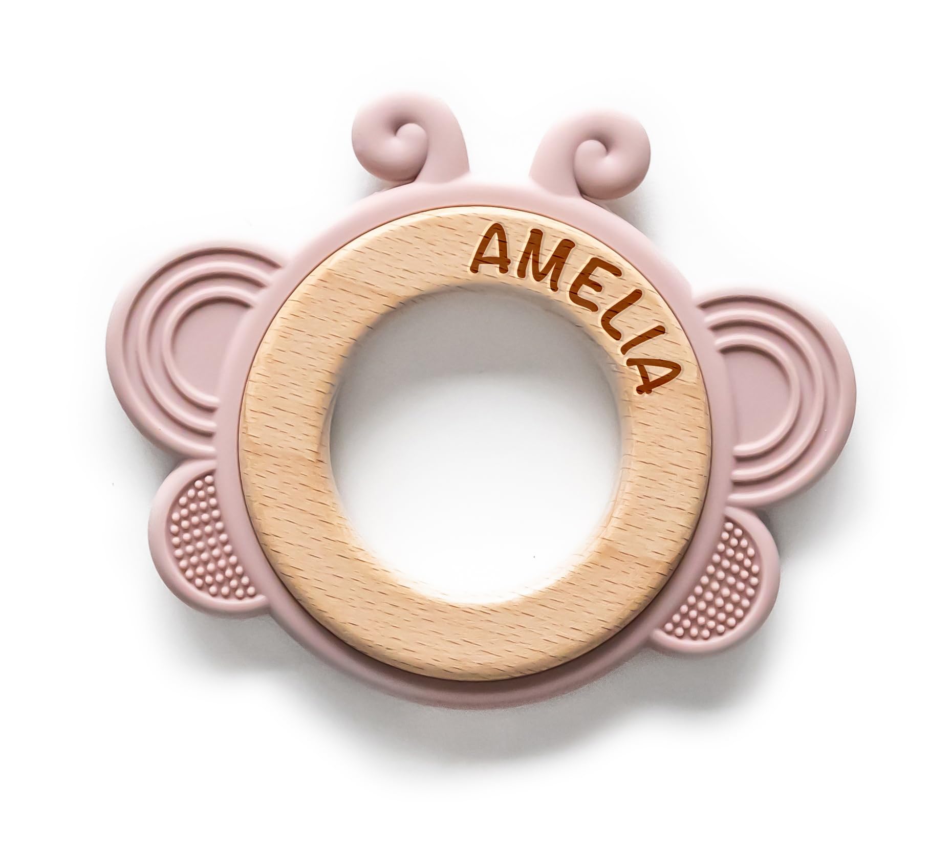 Personalized Baby Girl Teething Toy - Custom Wood & Silicone Teether Ring with Laser Engraved Name - Natural Baby Gift for New Parents with Gift Bag (Pink, Butterfly) - Perfect Baby Shower Gift & Newborn Teething Relief