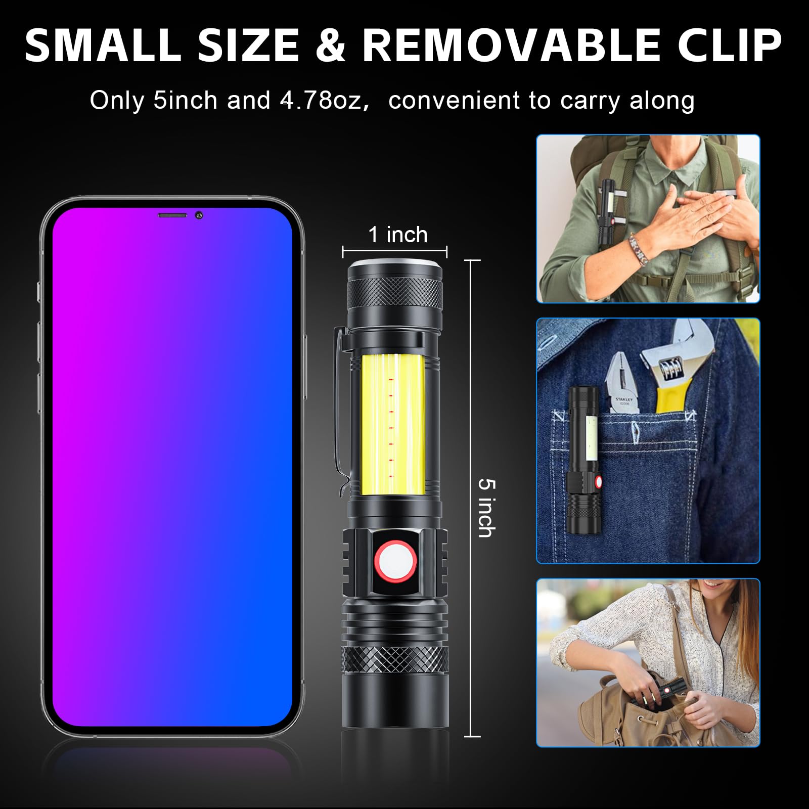 2000LM Rechargeable USB Magnetic LED Flashlight with COB Sidelight - Waterproof, Zoomable Tactical Flashlight for Camping, Hiking, Emergency & Home Use - Compact Handheld Light for Outdoor Adventures