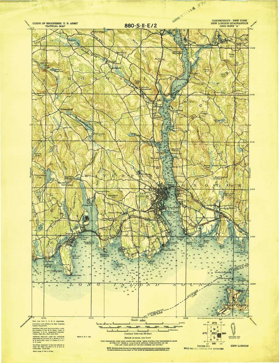 Vintage 1921 New London CT Topographic Map - 1:62500 Scale, 15x15 Minute Quadrangle, 22x16.9 Inch Historical Wall Art - Perfect for Home Decor, Office Display & Geography Enthusiasts