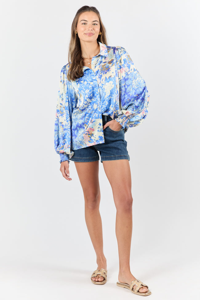 Blue Floral Patch Print Satin Button Down Blouse for Women - Elegant Office & Party Wear - Final Sale