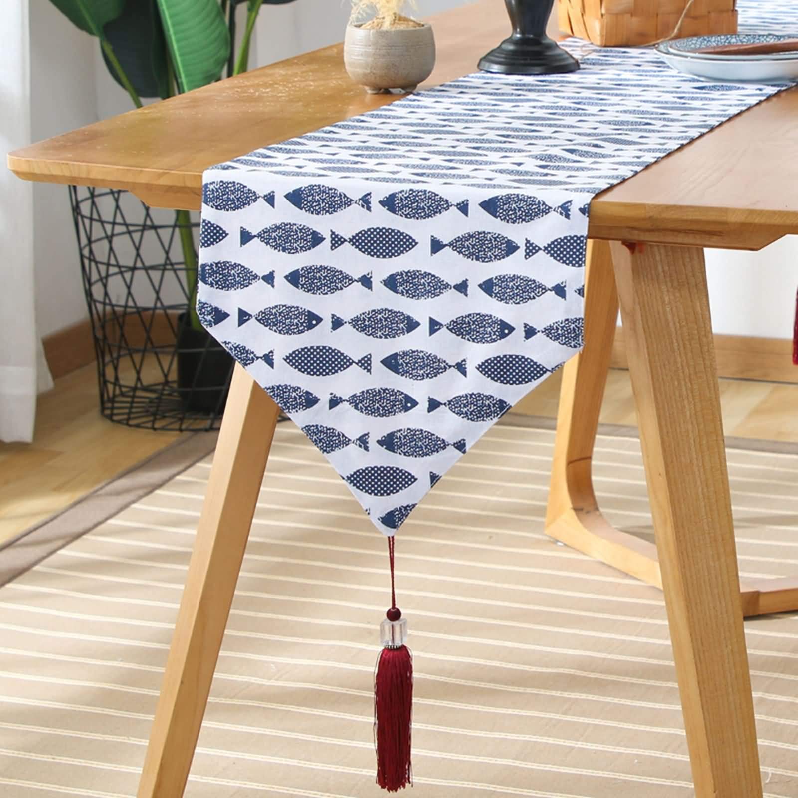 Navy Blue Cotton Table Runner with Salmon Fish Pattern - 13