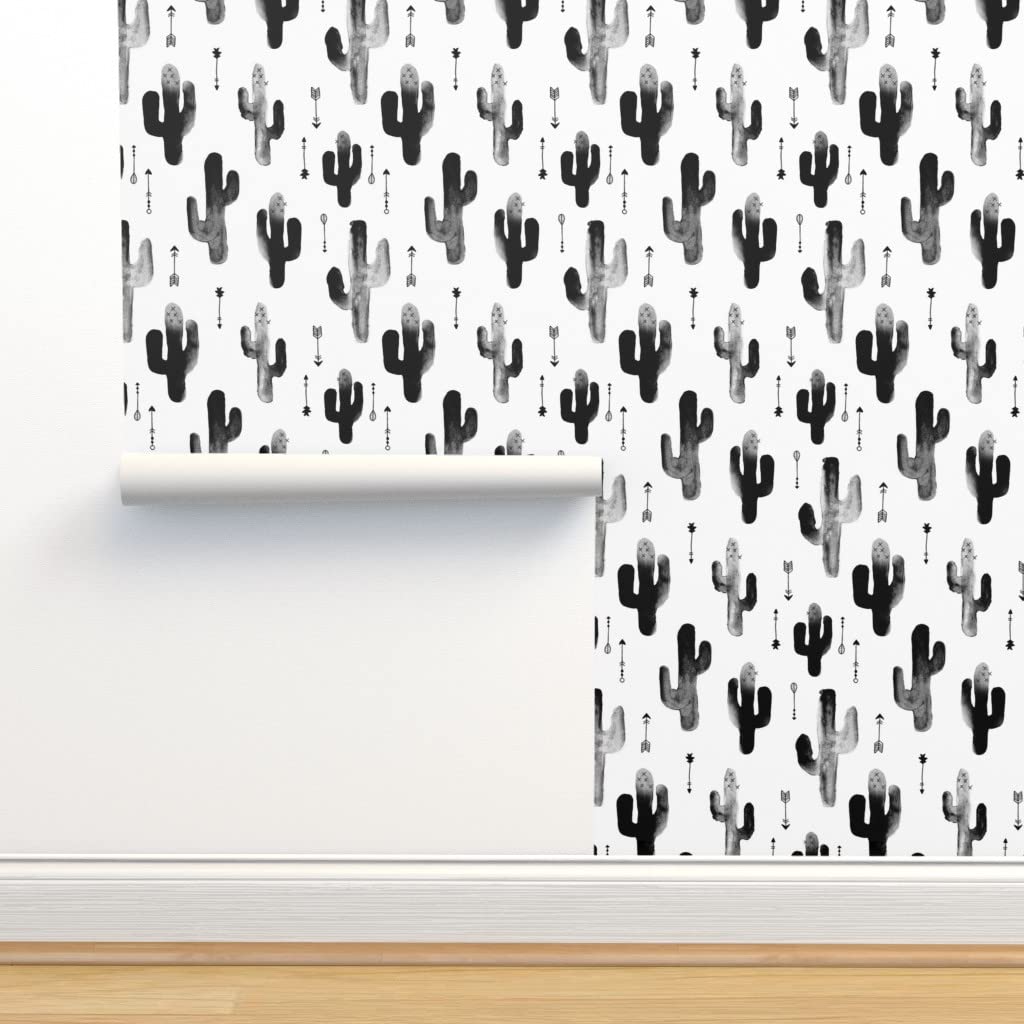 Peel & Stick Wallpaper 9ft x 2ft - Black & White Watercolor Cactus Design, Gender Neutral Geometric Arrow Cowboy Theme, Removable Self-Adhesive Wallpaper for Nursery, Bedroom, or Office Decor | Spoonflower