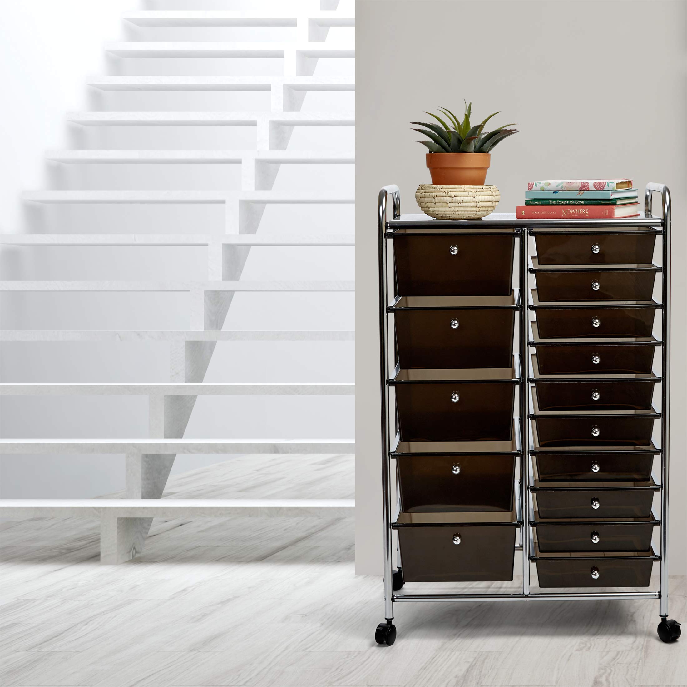 Seville Classics 15-Drawer Multipurpose Mobile Rolling Utility Storage Organizer Cart - Translucent Black | Perfect for Office, Craft Room, Garage & Home Organization