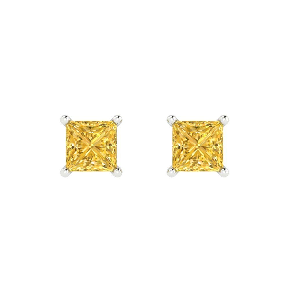 1.50 Carat Princess Cut Canary Yellow Simulated Diamond Stud Earrings in 14K White Gold - Anniversary Gift for Her, Push Back Setting - Perfect for Weddings, Parties & Special Occasions