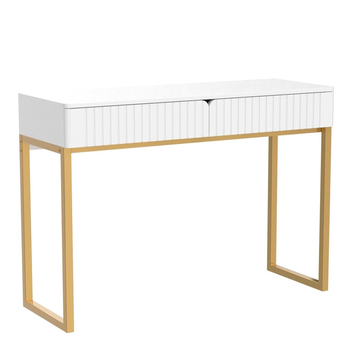 Modern Gold Legs Writing Desk with 2 Drawers - 43.3x15.75 Inch Home Office Desk for Computer Work, Makeup Vanity, Study or Entryway Sofa Table - Perfect for Small Spaces & Contemporary Decor