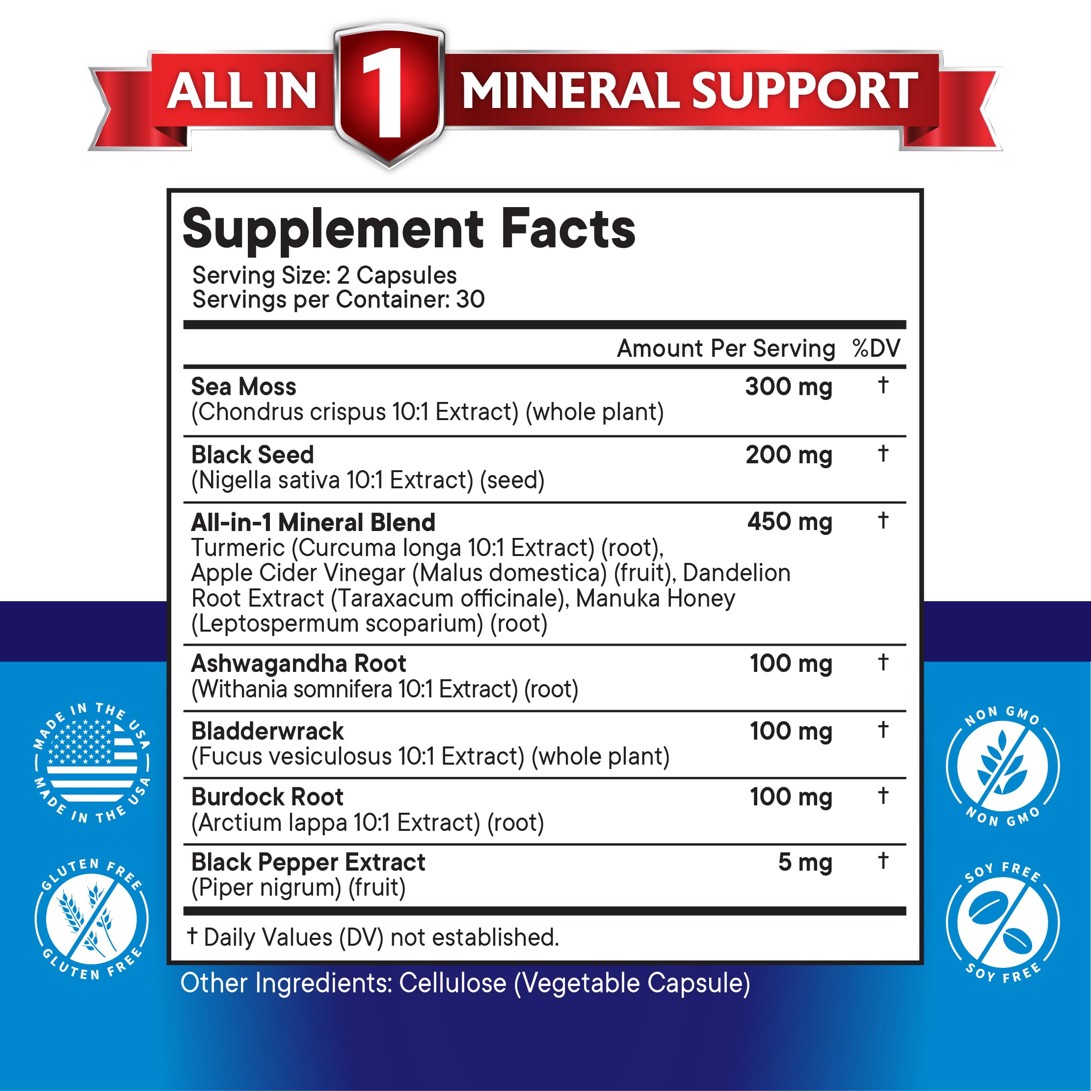 Organic Silica Sea Moss Supplement with Black Seed Oil, Ashwagandha & Turmeric - Immune Support, Joint Health & Detox - Gluten Free, Vegan - Perfect for Smoothies, Teas & Wellness Routines