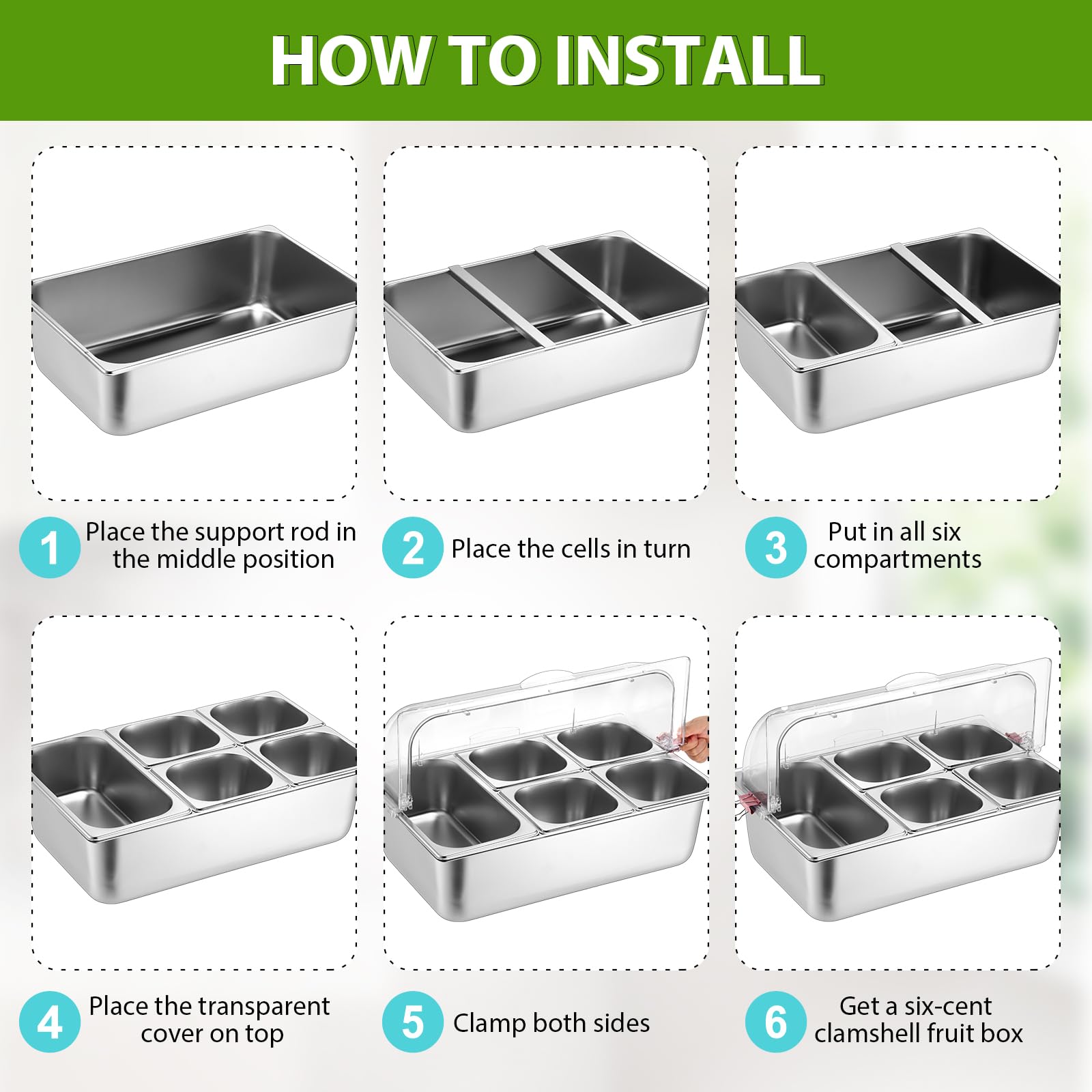 Stainless Steel Buffet Food Serving Tray with Clear Roll Top Cover - 5-Pan Countertop Display Container for Restaurants, Hotels & Parties | Perfect for Condiment Dispensing, Catering Events & Buffet Service