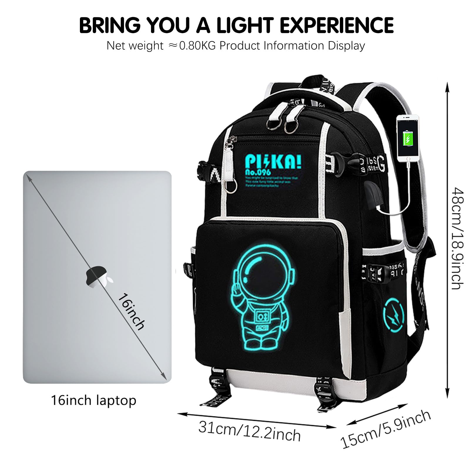 Anime Luminous Backpack with USB Port & Security Lock - 15.6 Inch Large Capacity Anti-Theft Travel Laptop Backpack for School, Work & Outdoor Adventures