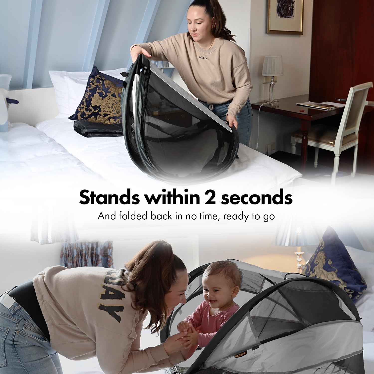 Deryan Baby Travel Cot - Portable Pop-Up Playpen with Self-Inflatable Air Mattress, Zippered Cotton Cover & Carry Bag | Instant Setup in 2 Seconds | Silver | Perfect for Camping, Beach Trips & Indoor Nursery Use