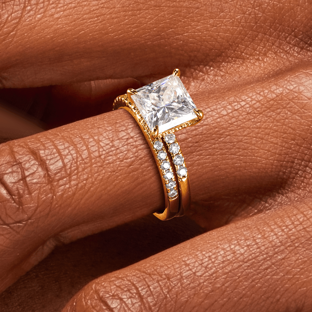 Princess Cut Hidden Halo Moissanite Engagement Ring Set with Matching Wedding Band - Perfect for Proposals, Anniversaries & Bridal Jewelry