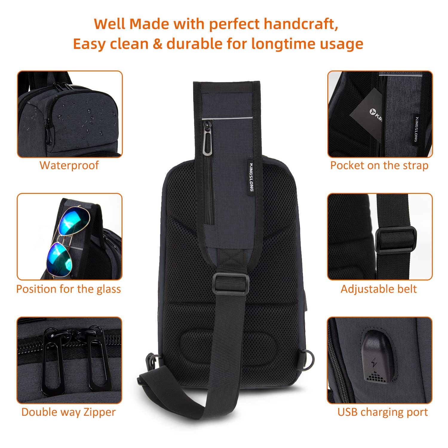 KINGSLONG 14-16 Inch Men's Sling Bag with USB Charging Port - Waterproof Crossbody Bag Fits 10.2 Inch iPad, Travel & Commuter Daypack for Work, Gym, Hiking & Outdoor Activities