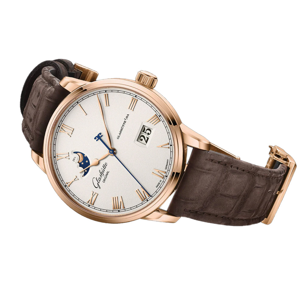 Senator Excellence Panorama Date Moon Phase Automatic Watch - 40mm Red Gold Case with Silver Dial & Leather Strap | Luxury Dress Watch for Business & Formal Occasions