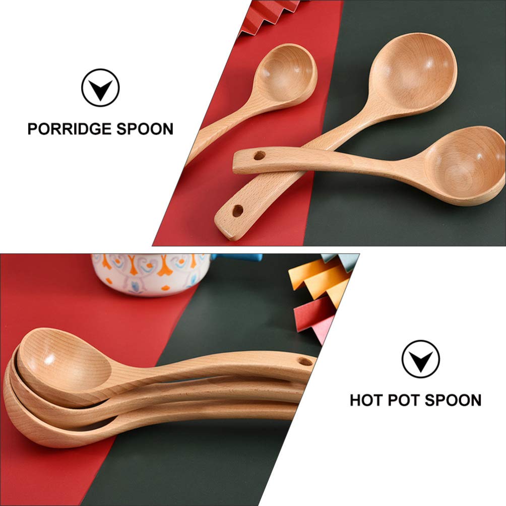 Premium Beech Wood Hot Pot Spoon - Durable Wooden Soup & Porridge Ladle for Cooking, Serving & Eating - Perfect for Hot Pot, Stews, Soups & Home Kitchen Use