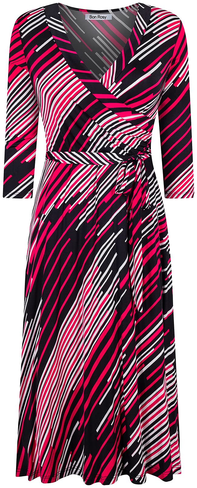 Women's 3/4 Sleeve Faux Wrap Midi Dress - Knee Length Summer Wedding Guest Dress for Bridal Shower, Baby Shower & Maternity Nursing - Fuchsia - Made in USA | Perfect for Garden Parties, Cocktail Events & Special Occasions