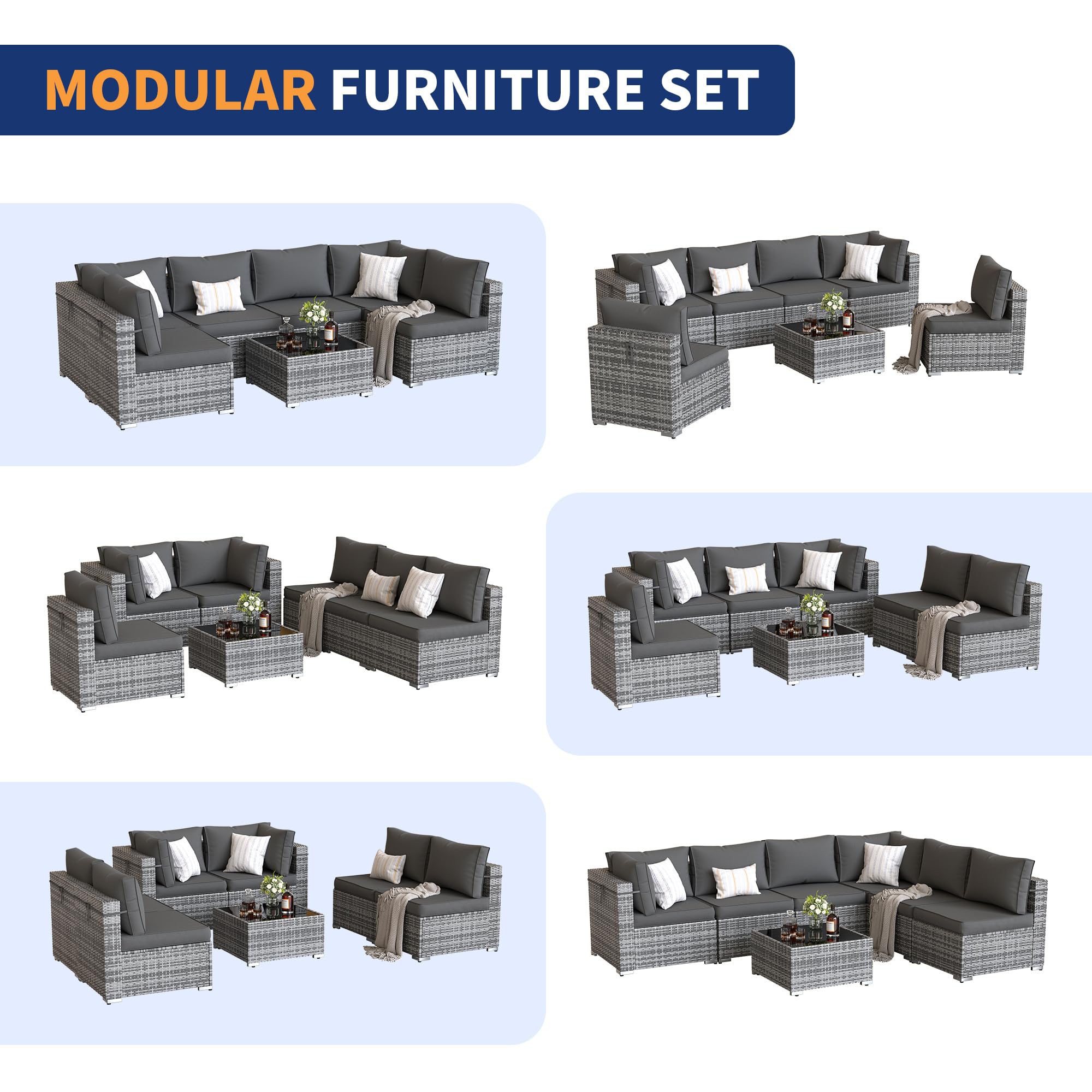 7-Piece Outdoor Patio Furniture Set with Waterproof Cover - All-Weather Wicker Sectional Sofa Conversation Set for Backyard, Garden or Poolside (Grey with Grey Cushions) - Perfect for Outdoor Entertaining, Relaxing and Family Gatherings