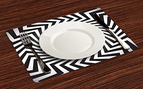 Lunarable Optical Illusion Place Mats Set of 4 - Angular Spiral Whirlpool Hypnotic Rotating Rays Abstract Design, Washable Fabric Table Mats for Dining Room & Kitchen Decor (White & Charcoal Grey) | Perfect for Modern Home Decor, Dinner Parties, and Stylish Table Settings