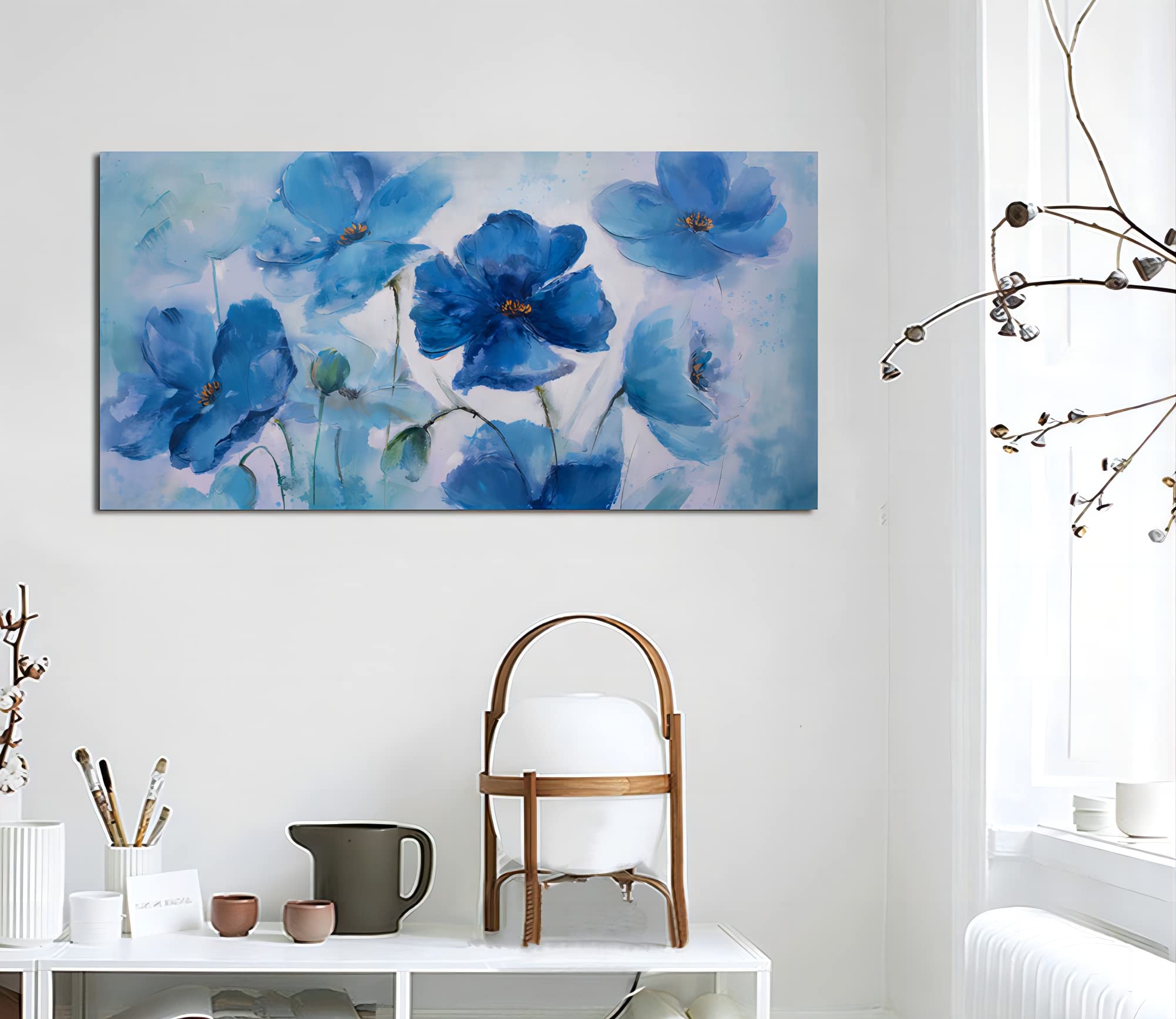 Large Blue Floral Canvas Wall Art - 24x48 Inch Framed Abstract Flower Print, Modern Home Decor for Bedroom & Living Room | Ready to Hang | Perfect for Housewarming Gifts & Interior Design
