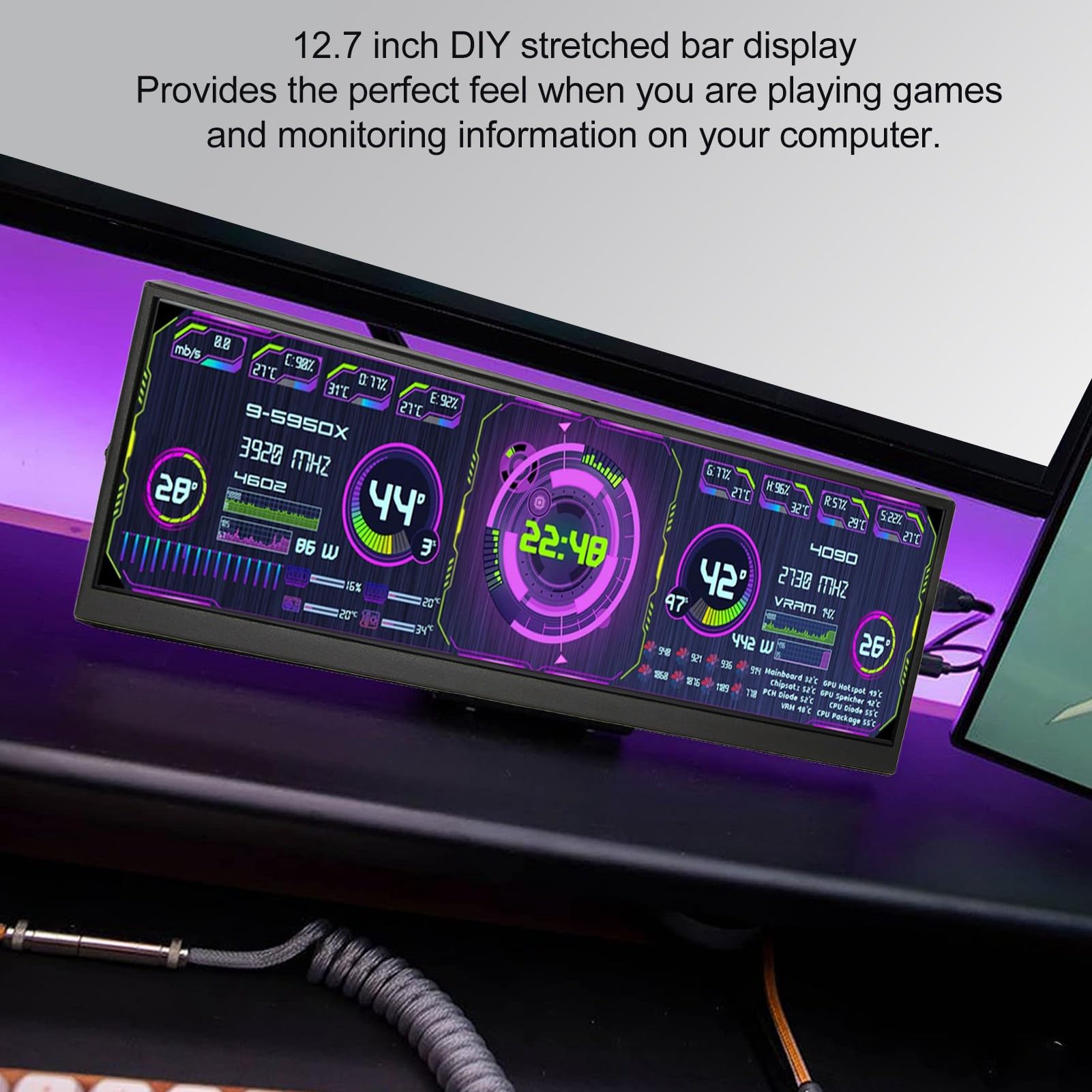 12.7 Inch Portable Monitor with Dual Speakers - 4K 120Hz HD IPS Second Screen, Mini HDMI PC Temp Monitor for CPU/GPU/RAM Data Display - Compatible with Aida64 Software - Perfect for Gaming, Office Work & Remote Monitoring