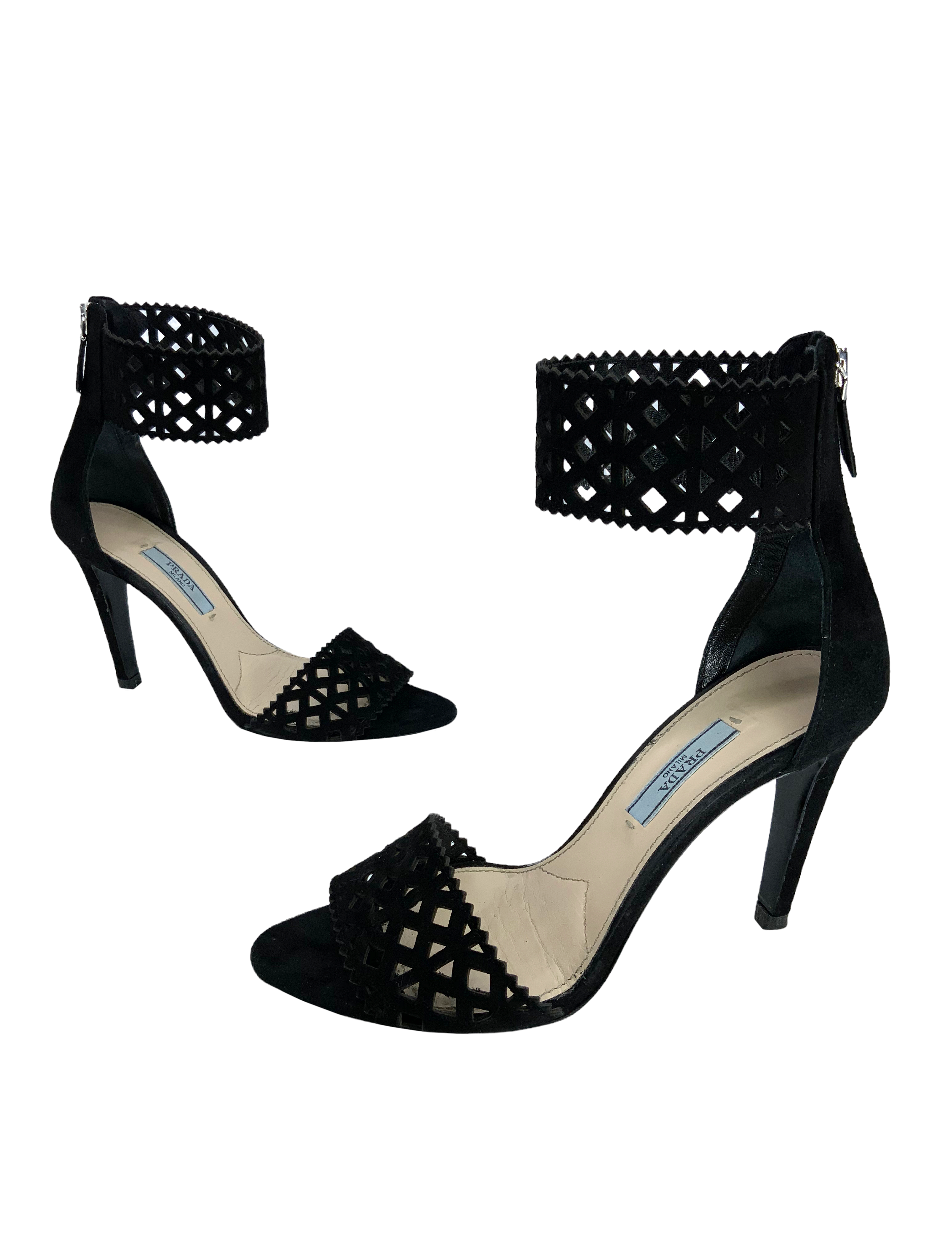 Prada Camoscio Suede Laser Cut Sandals Women's Size 6.5 - Luxury Designer Summer Shoes for Weddings, Parties & Beach Vacations