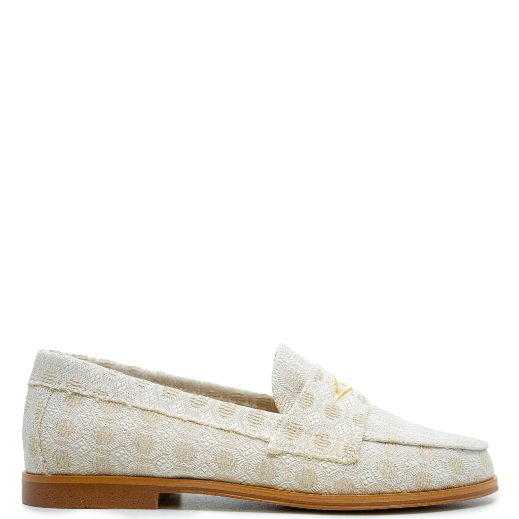 Blublonc Taupe & White Embroidered Penny Loafers - Classic Comfort Slip-On Shoes for Women | Perfect for Office, Casual Wear & Special Occasions