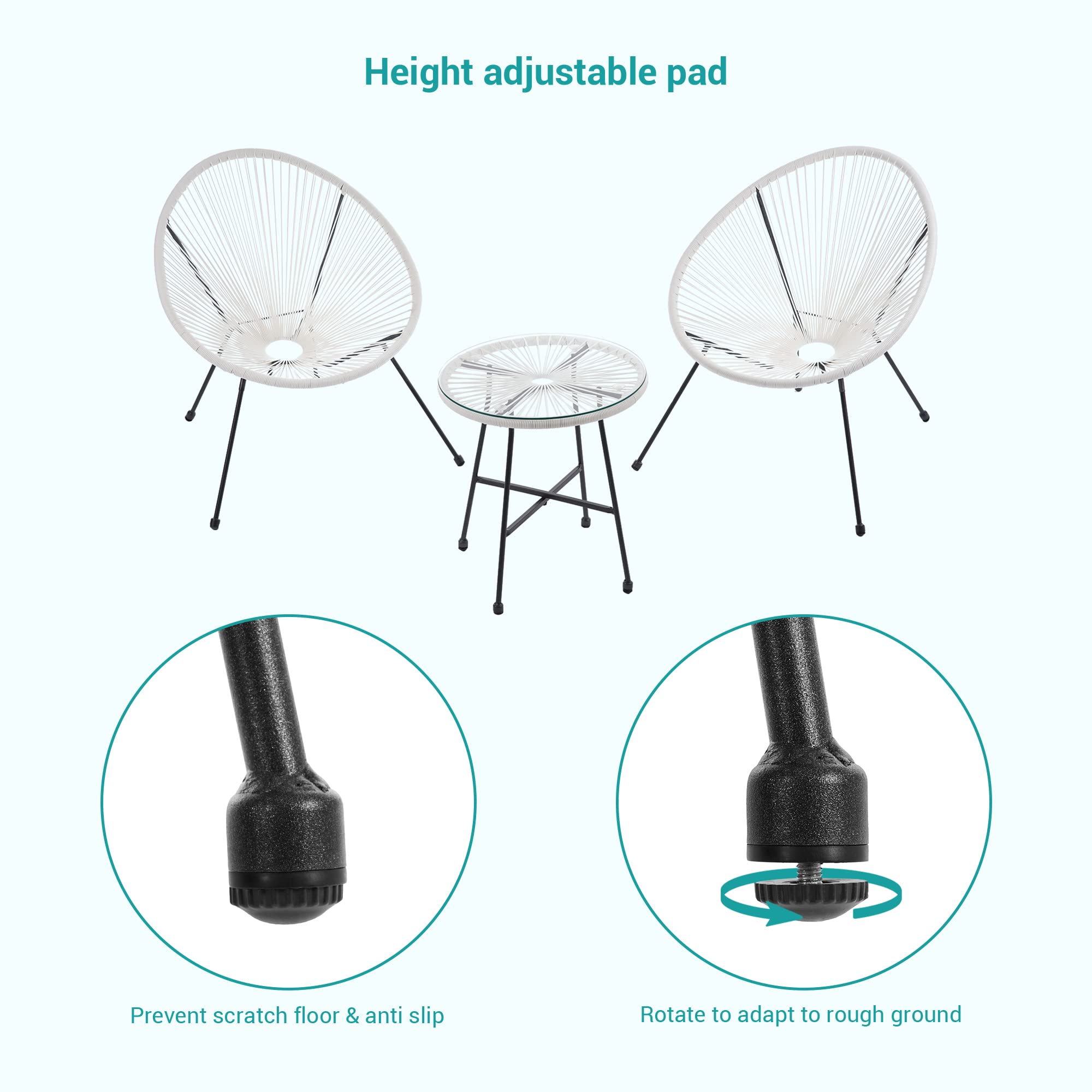 3-Piece Patio Furniture Set - Acapulco Chair with Tempered Glass Table & 2 Chairs, Waterproof Wicker Outdoor Seating for Garden, Balcony, Poolside (White) - Perfect for Relaxing, Entertaining & Sunbathing