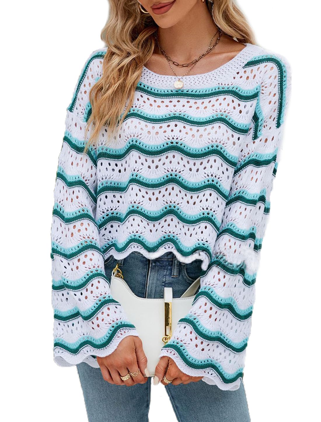 Lemon Girl Hollow Out Knit Stripe Sweater - Dolman Sleeves Loose Pullover Top for Women | Casual Chic Outfit for Fall & Winter | Perfect for Office, Dating and Weekend Wear