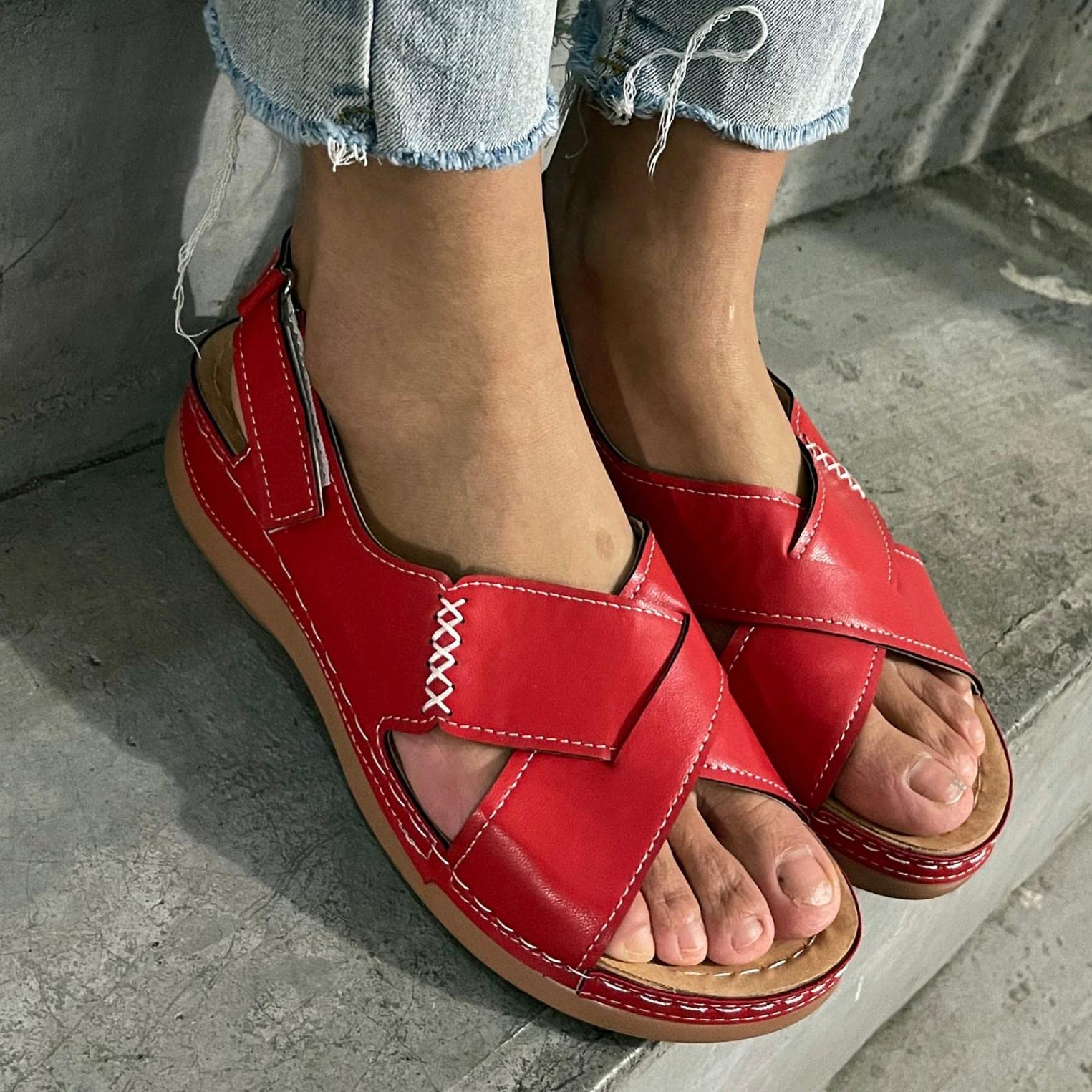 Women's Comfortable Leather Wedge Sandals - Casual Cross Strap Bohemian Platform Sandals with Buckle for Summer Beach, Walking & Dress Occasions