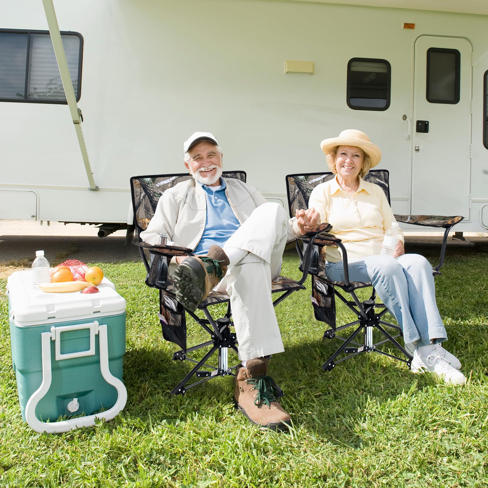 Goplus 360° Swivel Camping Chair for Adults - Portable Folding Hunting Chair with Cup Holder & Carry Bag - Rotating Lawn Chair for Fishing, Picnic, Hiking, Outdoor Activities (Camo) - Perfect for Backyard, Beach, Tailgating & Camping Trips