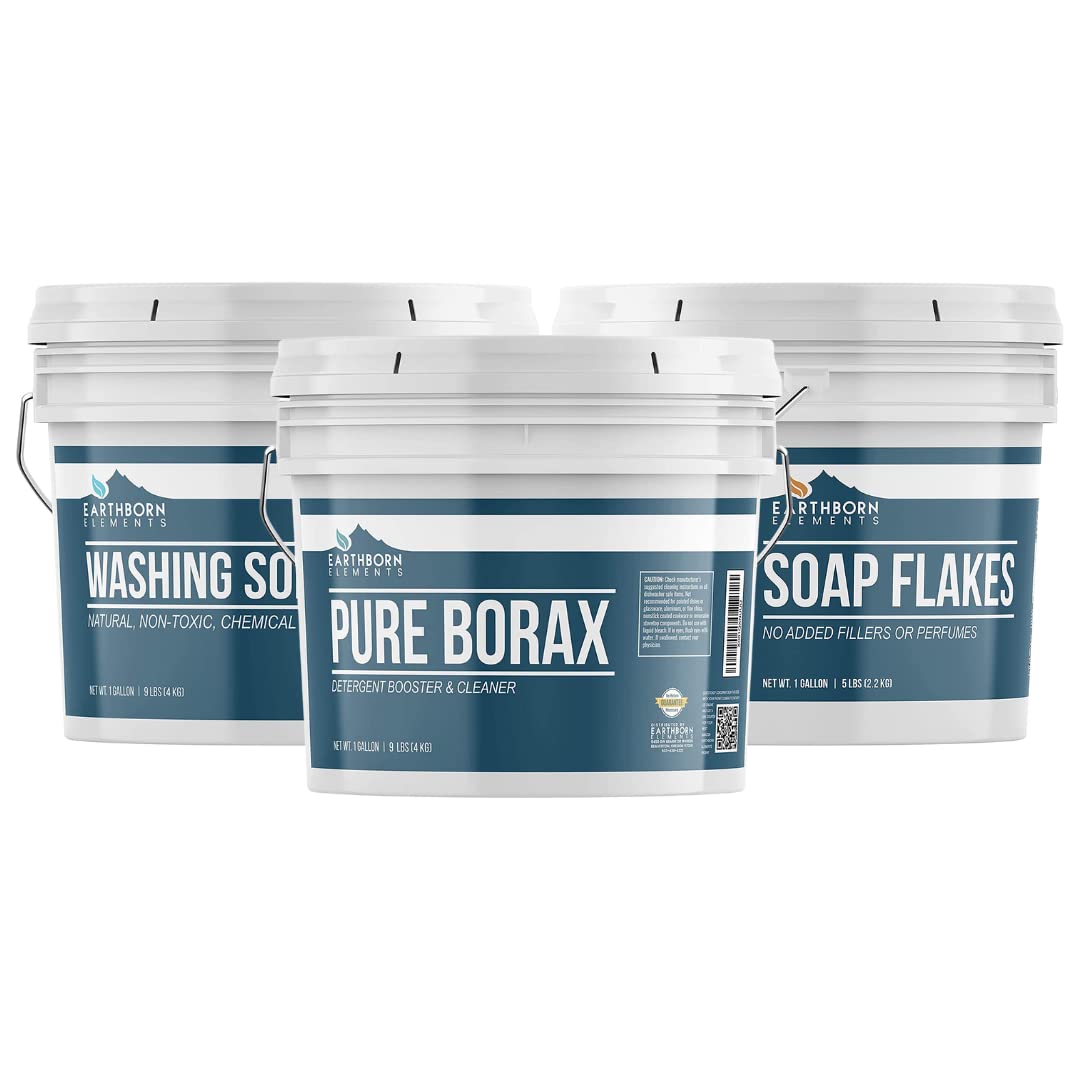 Earthborn Elements Borax Powder, Washing Soda & Soap Flakes 3-Pack (1 Gallon Each) | Multi-Purpose Cleaning & Laundry Supplies | Resealable Buckets | Perfect for DIY Detergents, Household Cleaning & Stain Removal