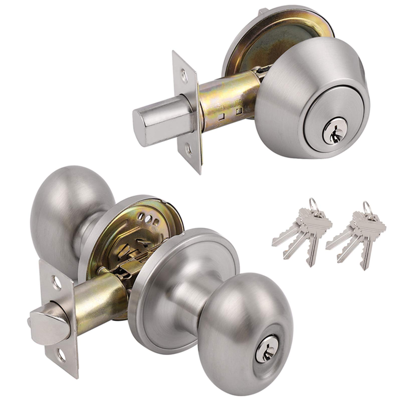 Probrico 10-Pack Satin Nickel Oval Door Knob Handlesets with Single Cylinder Deadbolts - Keyed Alike for Interior/Exterior Doors | Durable Entry Lock Set for Homes, Offices & Apartments