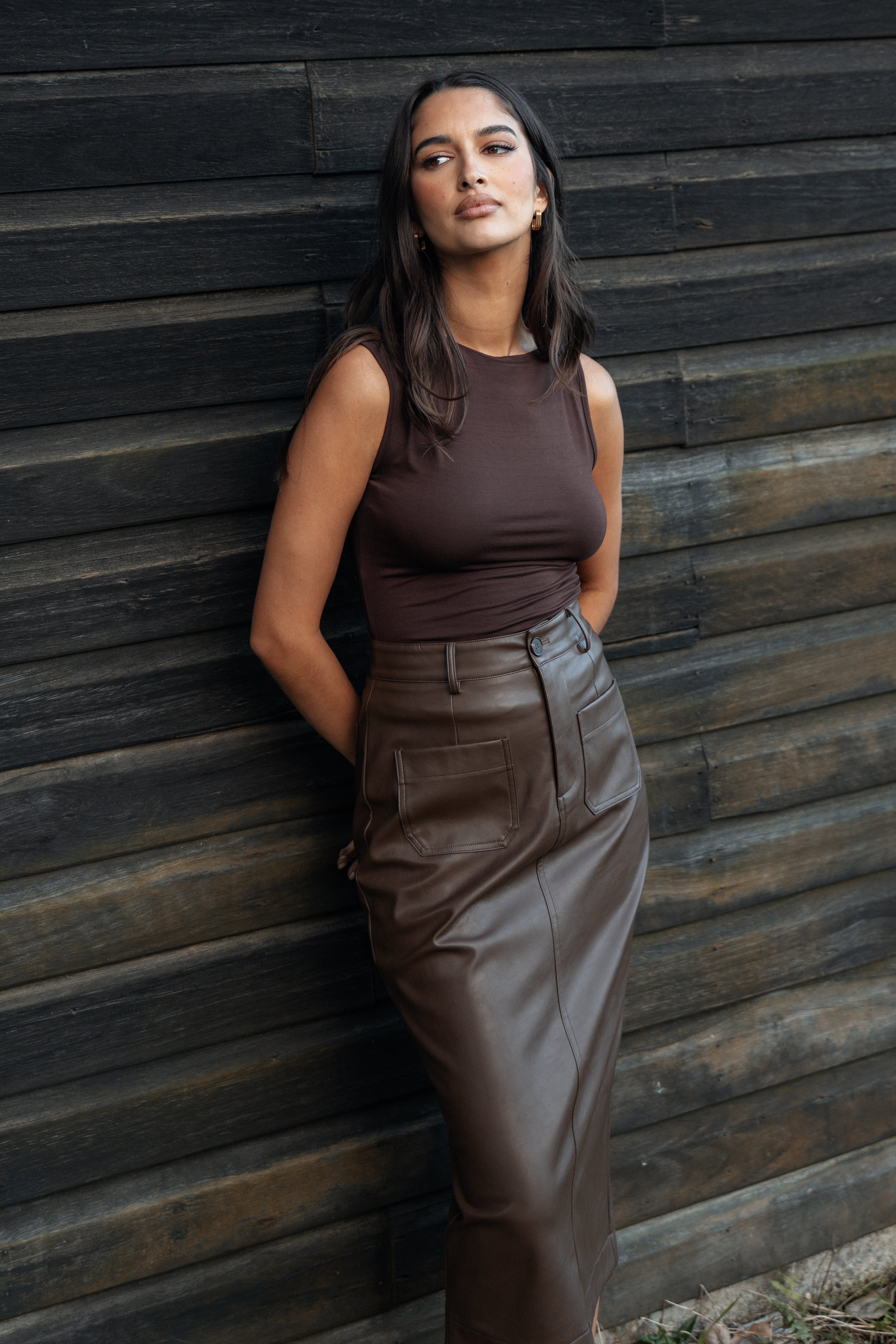 Colby Midi Skirt in Brown | Women's A-Line Skirt with Elastic Waist | Perfect for Work, Date Night & Casual Outfits