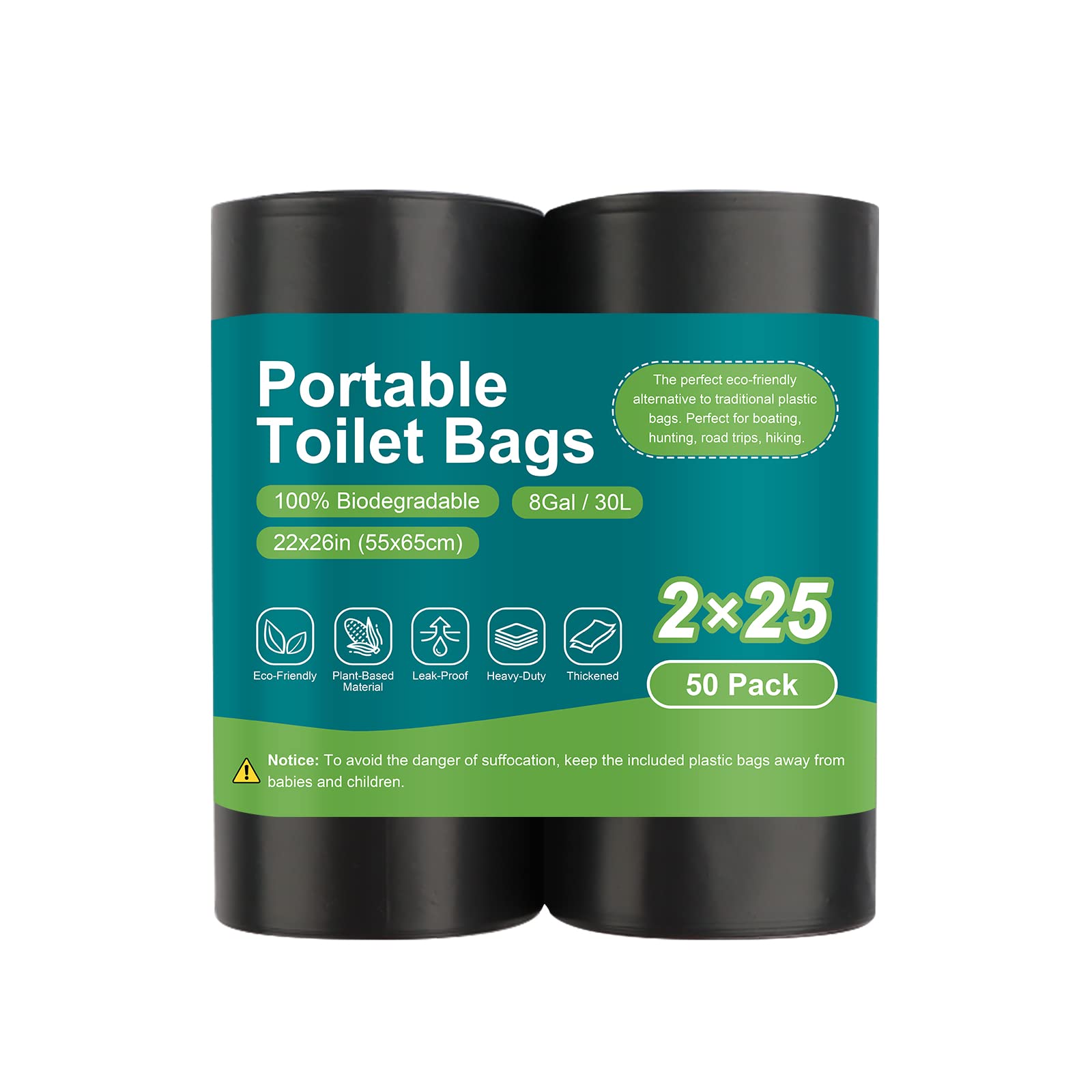 100 Biodegradable Portable Toilet Bags - 8 Gallon Drawstring Waste Bags for Camping, Hiking & Travel - Fits 5-8 Gallon Bucket Toilets - Eco-Friendly Outdoor Sanitation Solution for Adults & Families