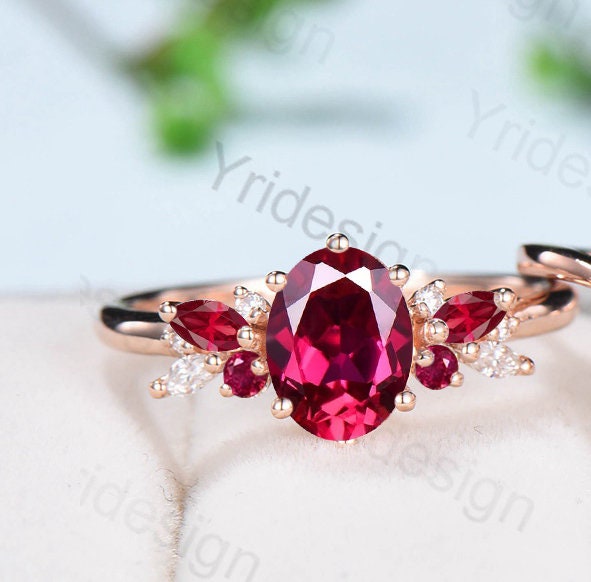 Vintage Rose Gold Oval Ruby and Diamond Engagement Ring Set - Natural Leaf Design Stackable Wedding Band for Women, Perfect for Proposals, Anniversaries, and Romantic Gifts