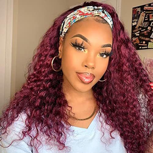 BARROKO 99j Headband Wig 16inch Water Wave Human Hair Headband Wigs for Black Women - 10A Brazilian Red Burgundy Glueless Machine Made No Lace Front Wigs 150% Density - Perfect for Daily Wear, Parties, and Special Occasions