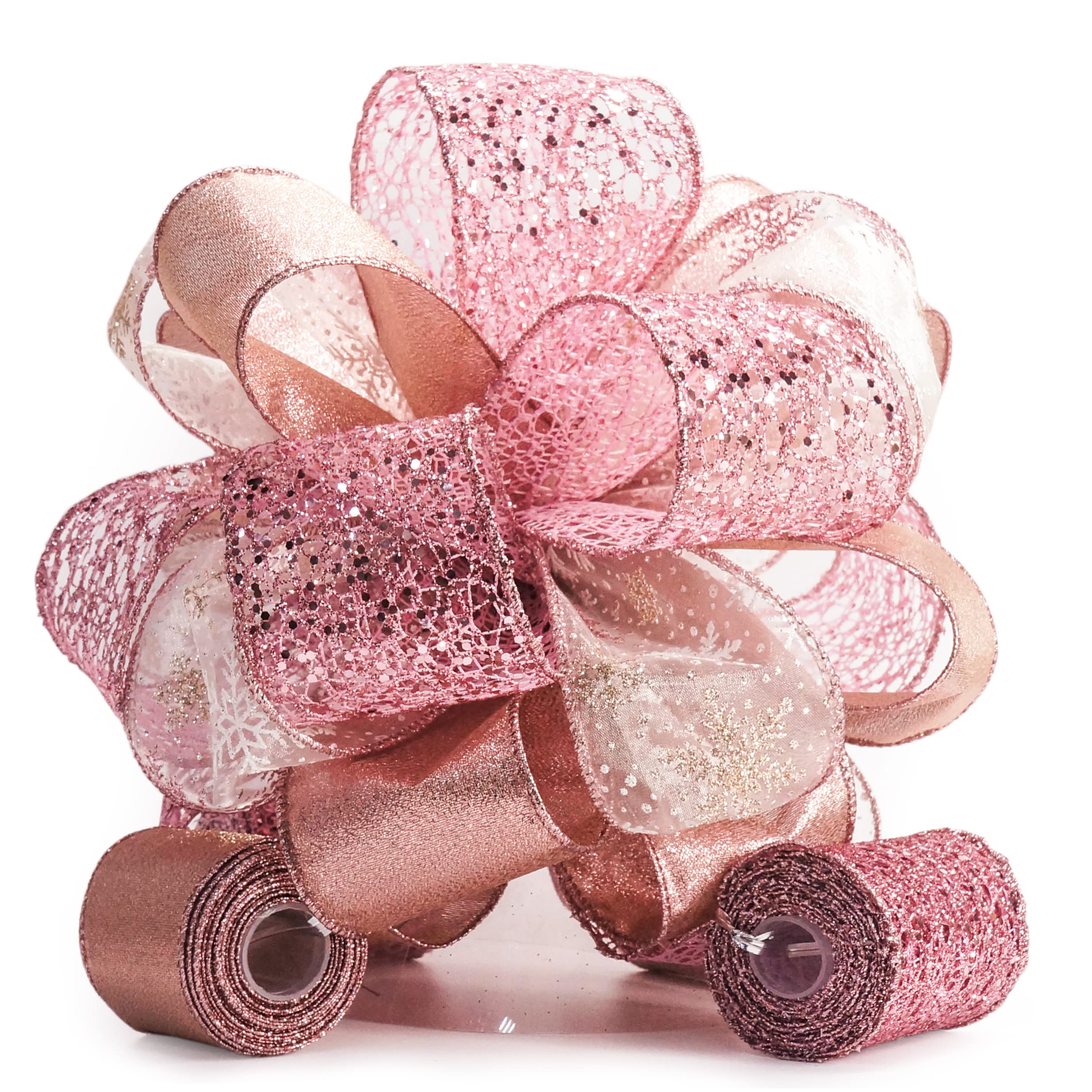 Rose Gold Snowflake Christmas Tree Topper Bow - 11 Inch with 4 Ribbon Streamers (3 Yards Each) - Elegant Holiday Decor for Xmas Tree, Home, Party & Indoor Decoration