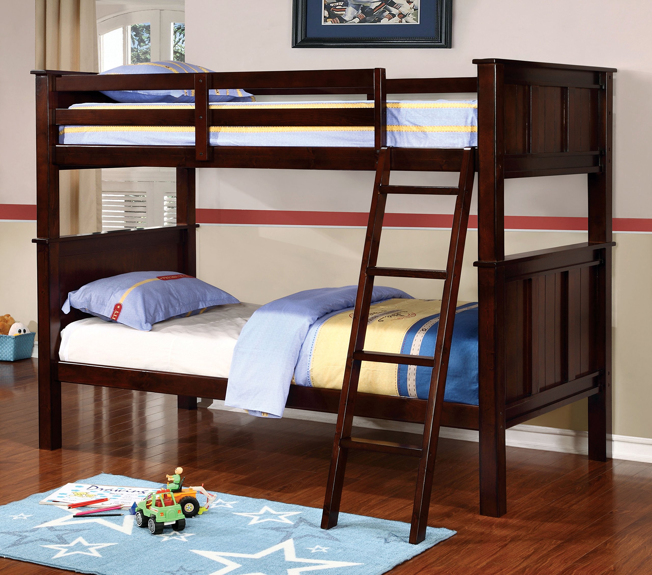 Fidel Contemporary Twin Bunk Bed in Dark Walnut - Space-Saving Modern Kids Bedroom Furniture for Small Rooms & Shared Spaces