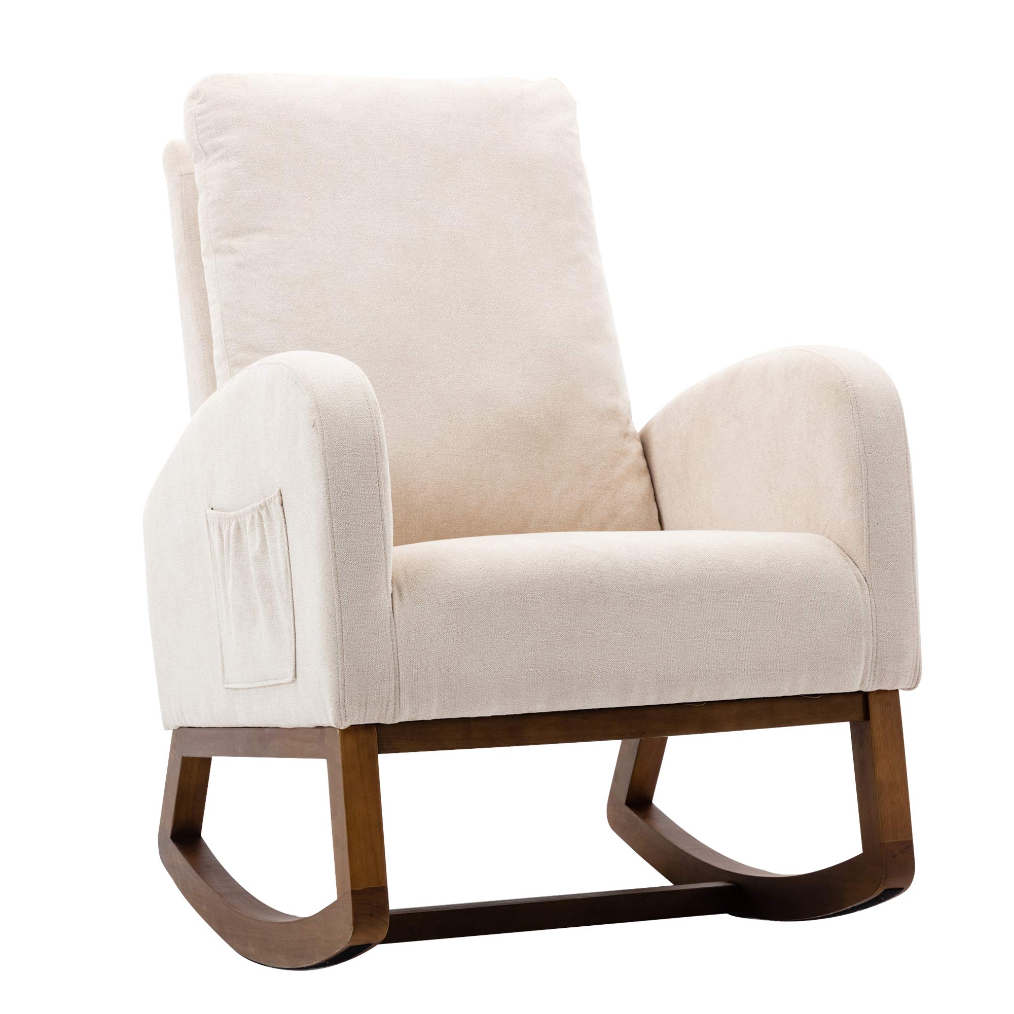 Retro Modern Rocking Chair - High Back Fabric Upholstered Armchair with Padded Seat & Wooden Tapered Legs - Comfortable Accent Chair for Living Room, Bedroom, Office - Perfect for Reading Nook, Nursery, or Cozy Relaxation (Beige)