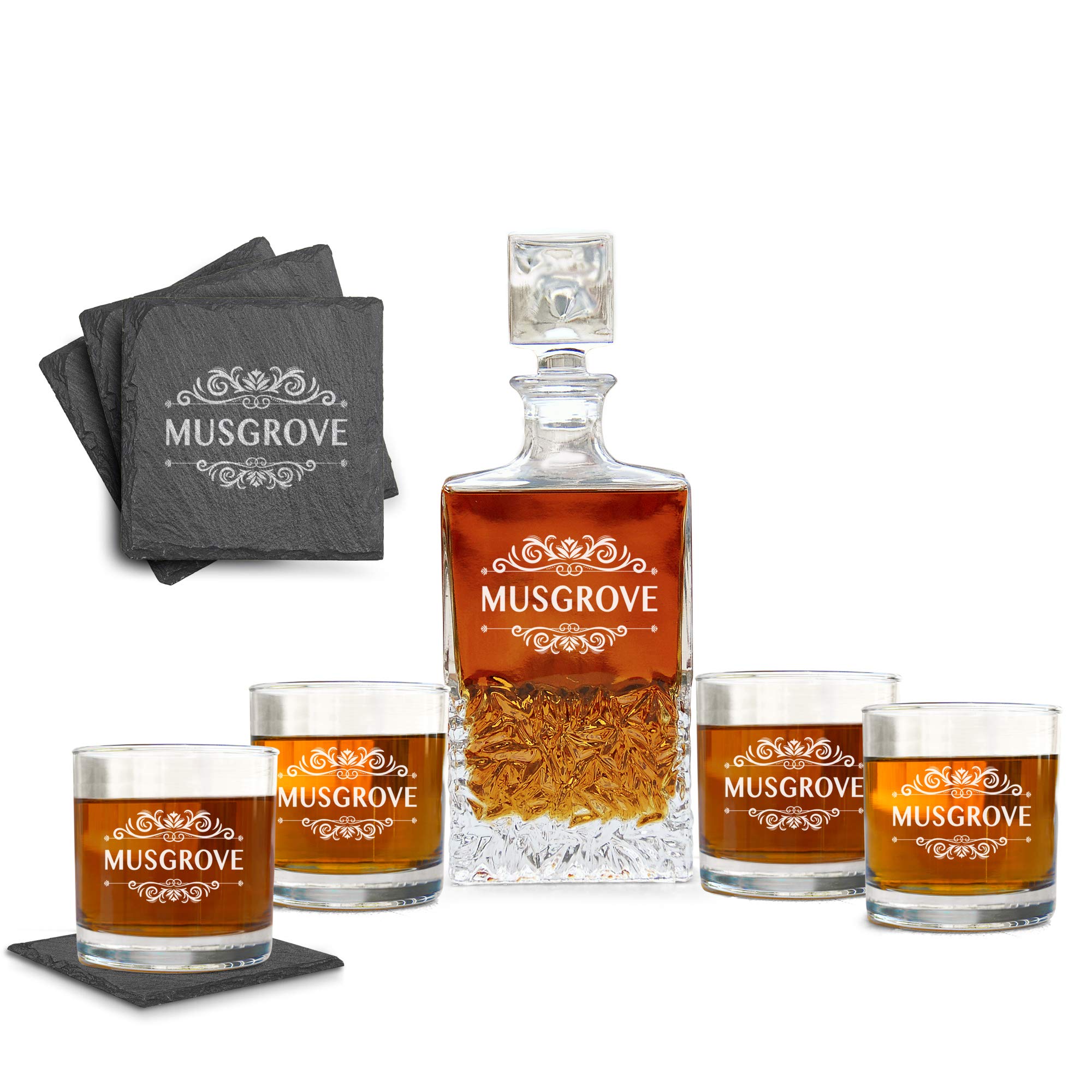 Personalized Whiskey Decanter Set for Men - Engraved Glass Decanter with 2 Glasses & 4 Coasters - Classic Barware Gift Set for Bourbon, Scotch & Liquor - Perfect for Home Bars, Weddings & Father's Day Gifts