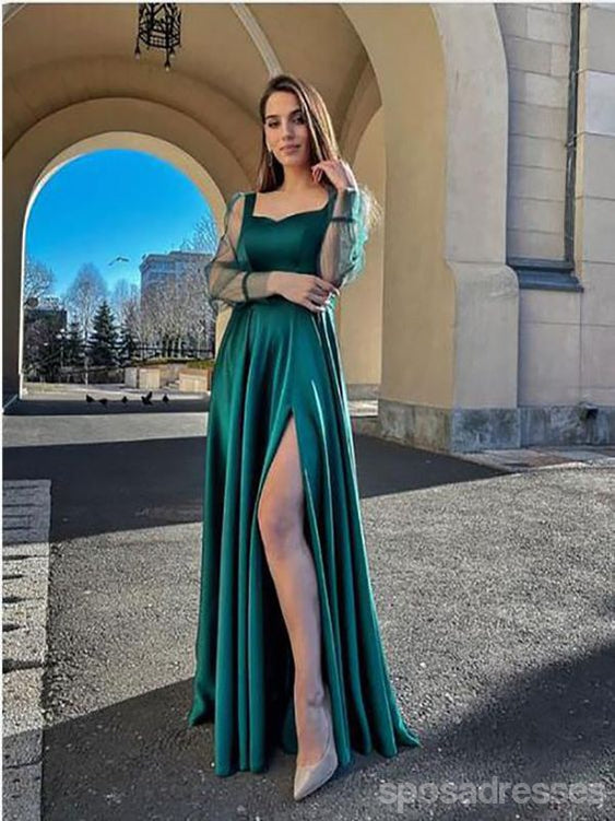 Elegant Green A-Line High Slit Long Sleeve Maxi Dress for Prom & Evening Events | Formal Gown with Side Slit | Perfect for Homecoming, Galas & Special Occasions