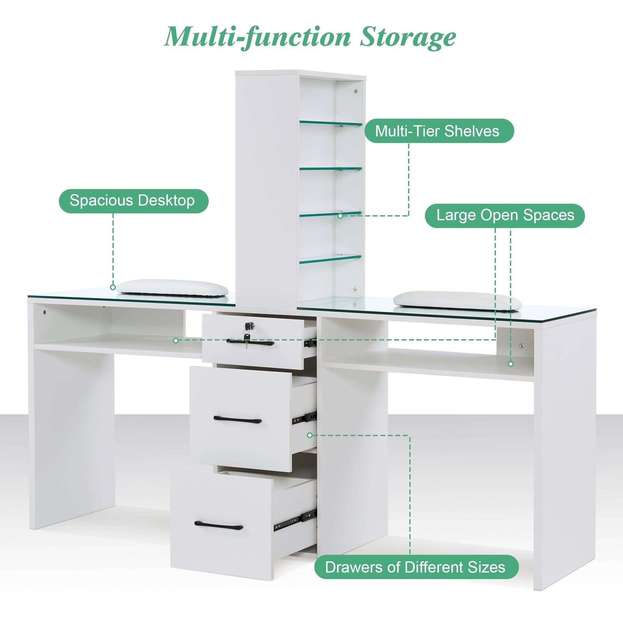 Dual Elegance Manicure Station - Professional Nail Art Table with LED Lights & Storage Drawers | Perfect for Home Salons & Nail Technicians