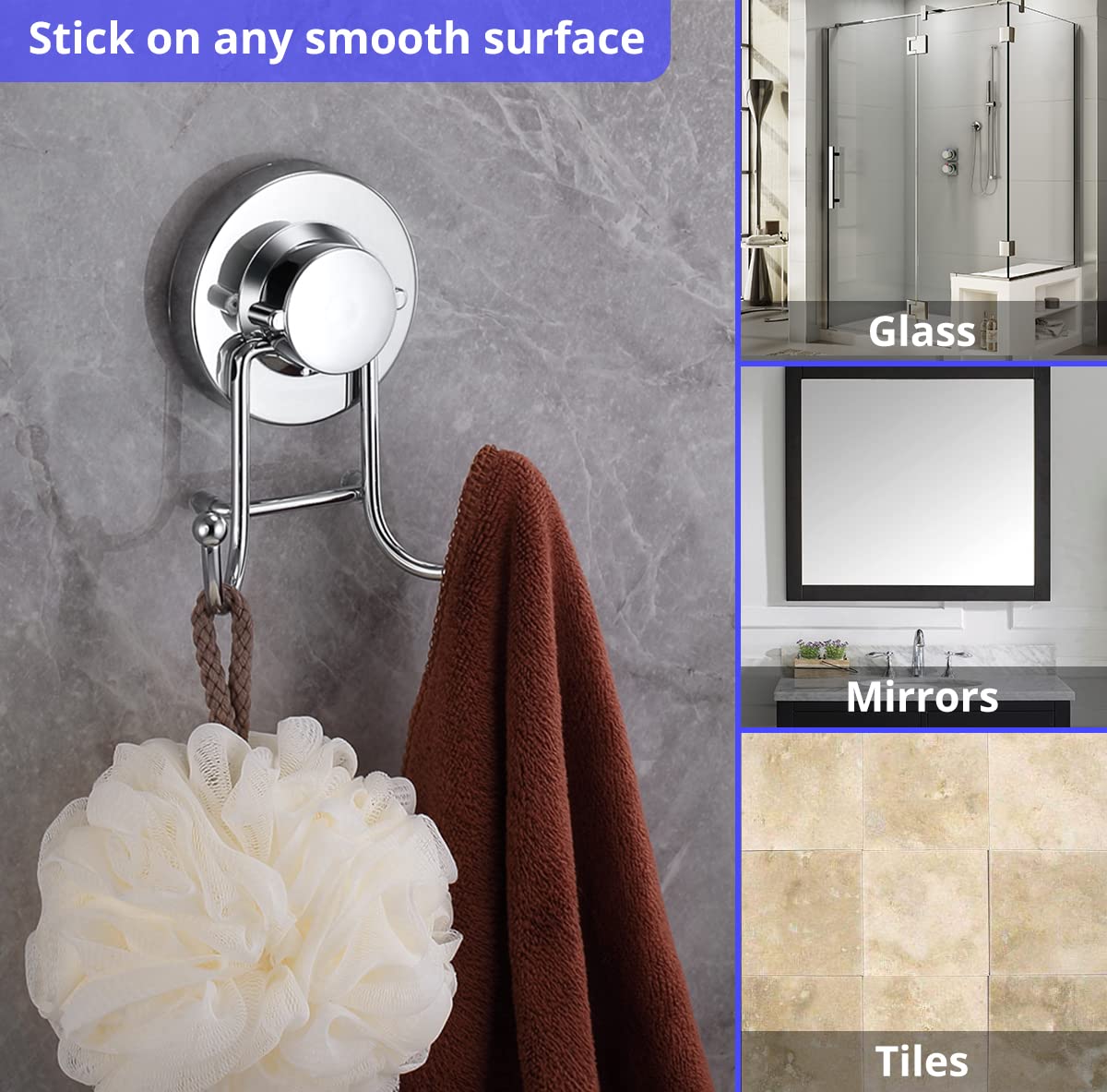 Stainless Steel Suction Cup Hooks (2-Pack) - Heavy Duty 15lb Capacity for Shower, Bathroom, Kitchen - Rustproof Chrome Finish for Towels, Loofahs, Robes - Perfect for Glass Doors, Mirrors & Tile Walls
