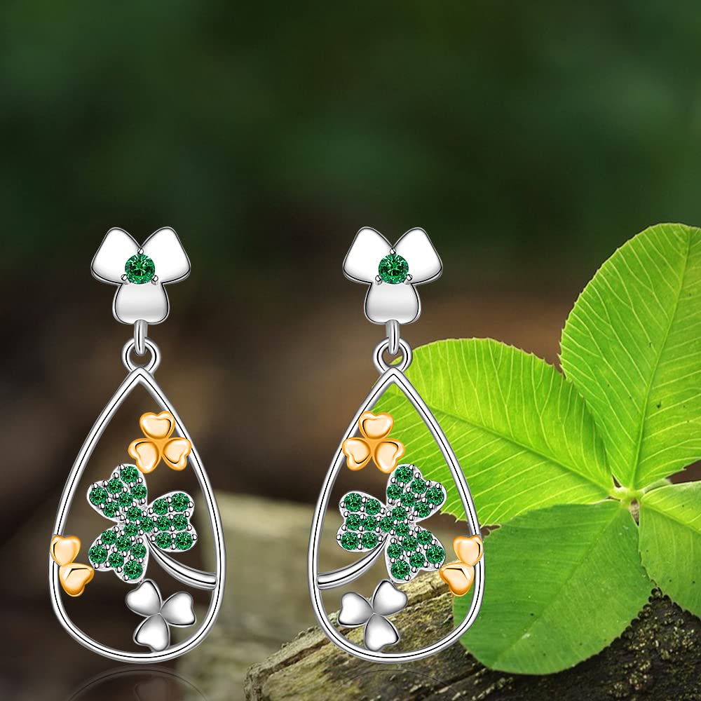 St. Patrick's Day Shamrock Earrings for Women - Sterling Silver Four Leaf Clover Dangle Earrings, Irish Lucky Green Clover Jewelry Gift for Her - Perfect for St. Patrick's Day Parties, Irish Weddings & Everyday Luck