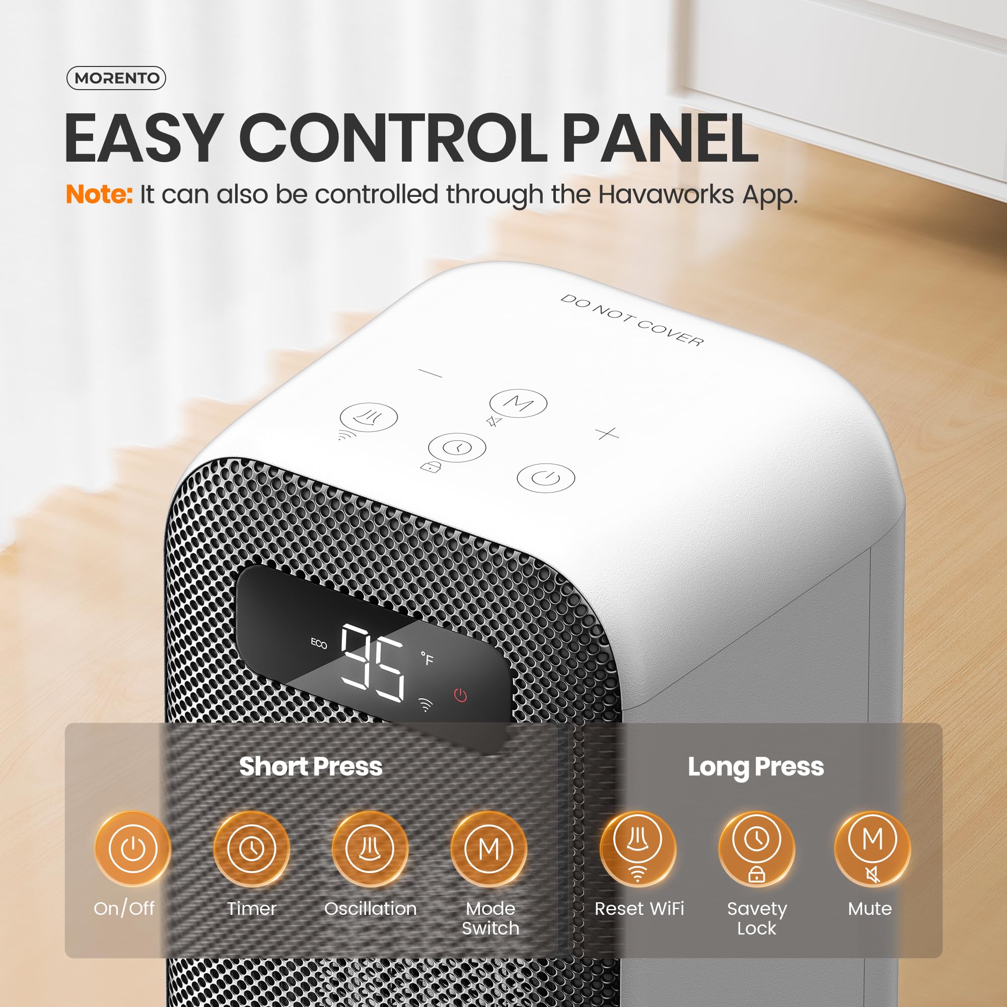 MORENTO Smart WiFi Space Heater with Voice Control, 1500W Portable Electric Heater with Thermostat & 12H Timer, Quiet Indoor Heater for Office, Bedroom, Home - Perfect for Winter Warmth & Energy Saving (White)