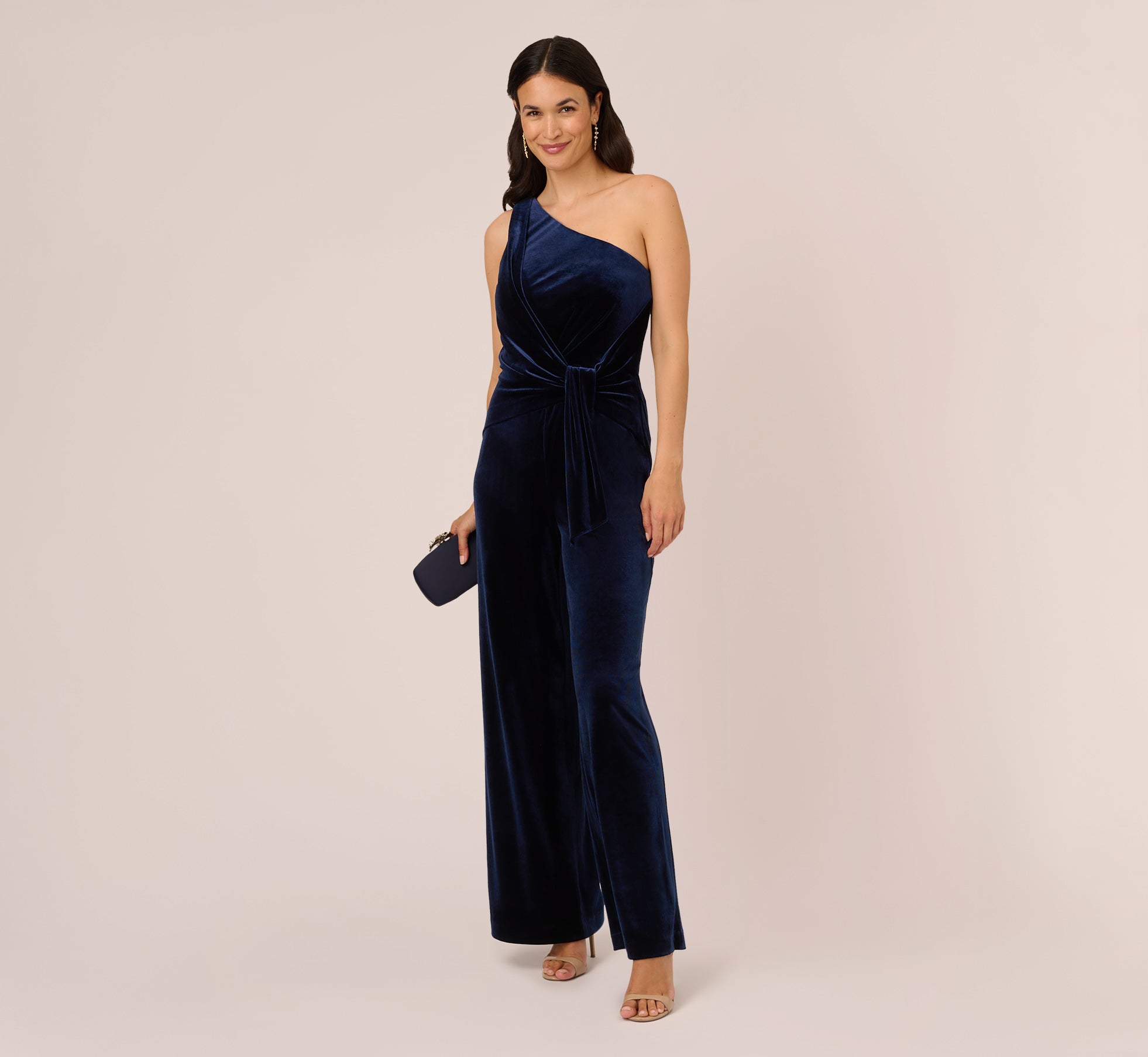 Elegant One Shoulder Velvet Jumpsuit with Draped Accent - Midnight Blue Women's Formal Wear for Evening Parties, Cocktail Dresses & Special Occasions