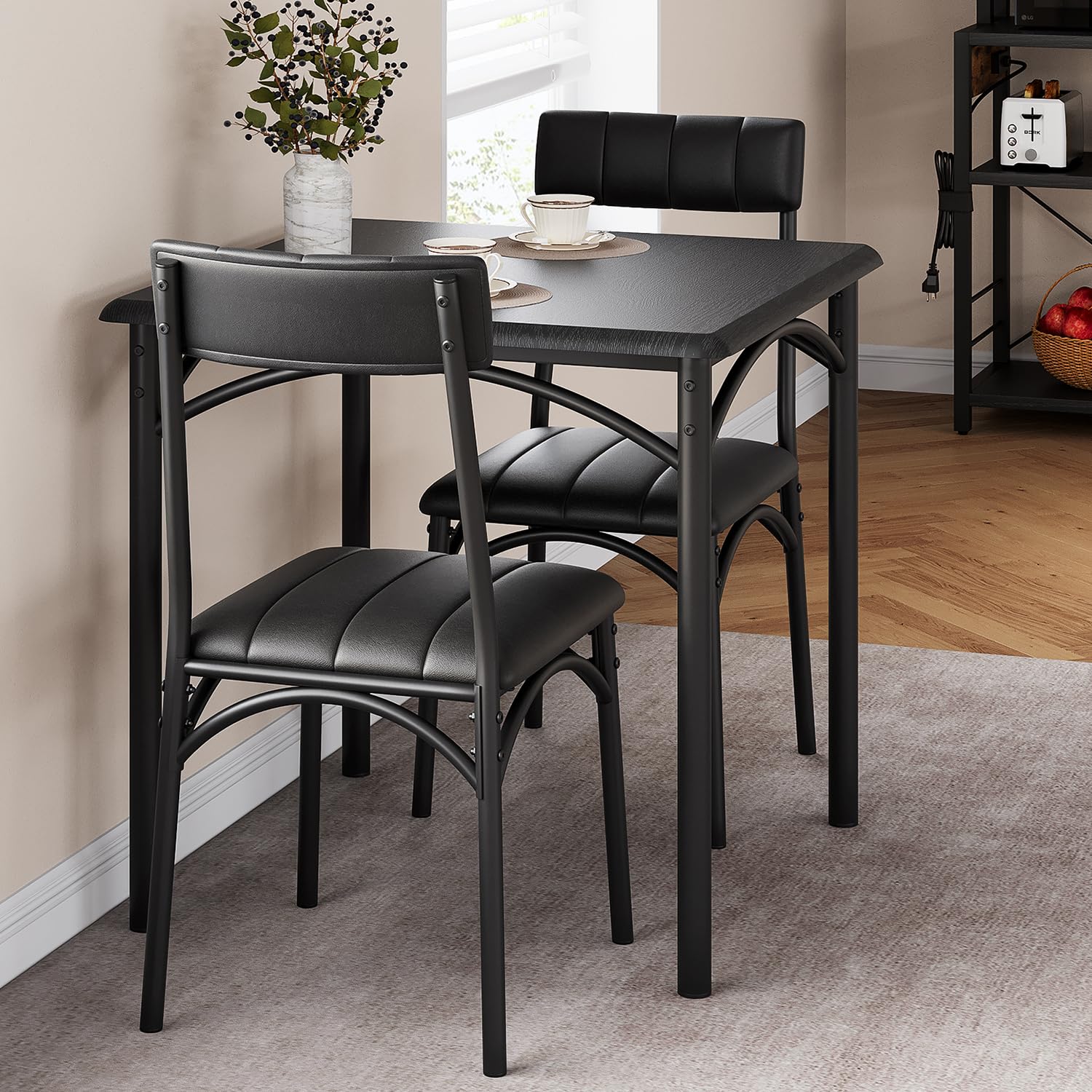 GAOMON 2-Person Dining Table Set with Upholstered Chairs - Small Square Kitchen Table for Apartments & Studios - Rustic Black Finish - Perfect for Breakfast Nooks, Tiny Homes & Compact Dining Spaces