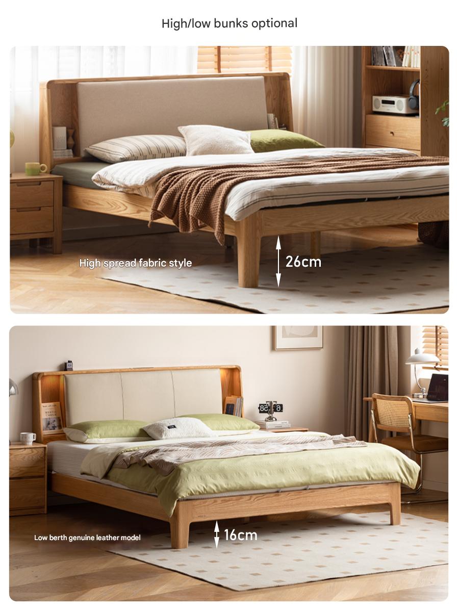 Solid Oak Wood Leather & Fabric Luminous Bed with Shelf - Modern Platform Bed Frame with Storage for Bedroom, Guest Room, or Dorm