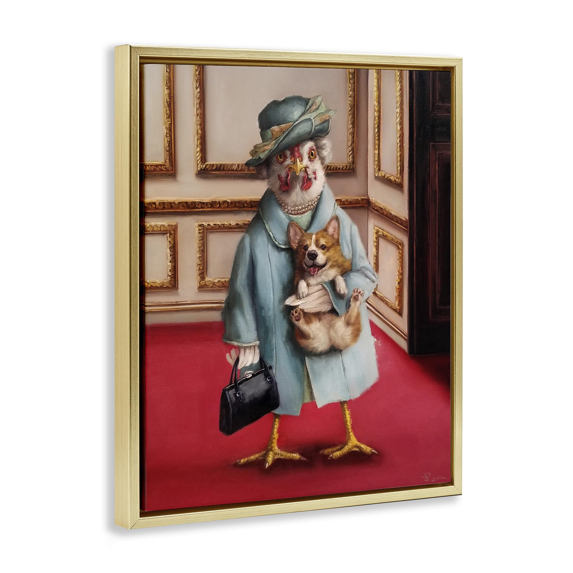 Stupell Industries Queen Chicken with Corgi - Regal Animal Humor Wall Art by Lucia Heffernan - Perfect for Farmhouse Decor, Pet Lover Gifts & Funny Kitchen Wall Decor