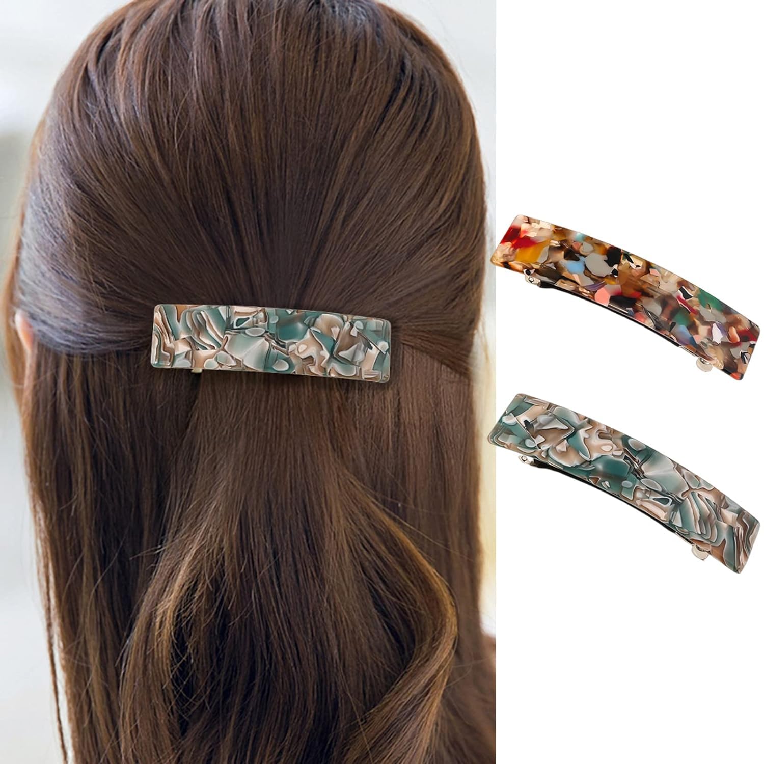 2 Pack French Barrette Hair Clips - Tortoise Shell & Marble Print Vintage Hair Accessories for Women - Perfect for Weddings, Parties & Everyday Styling