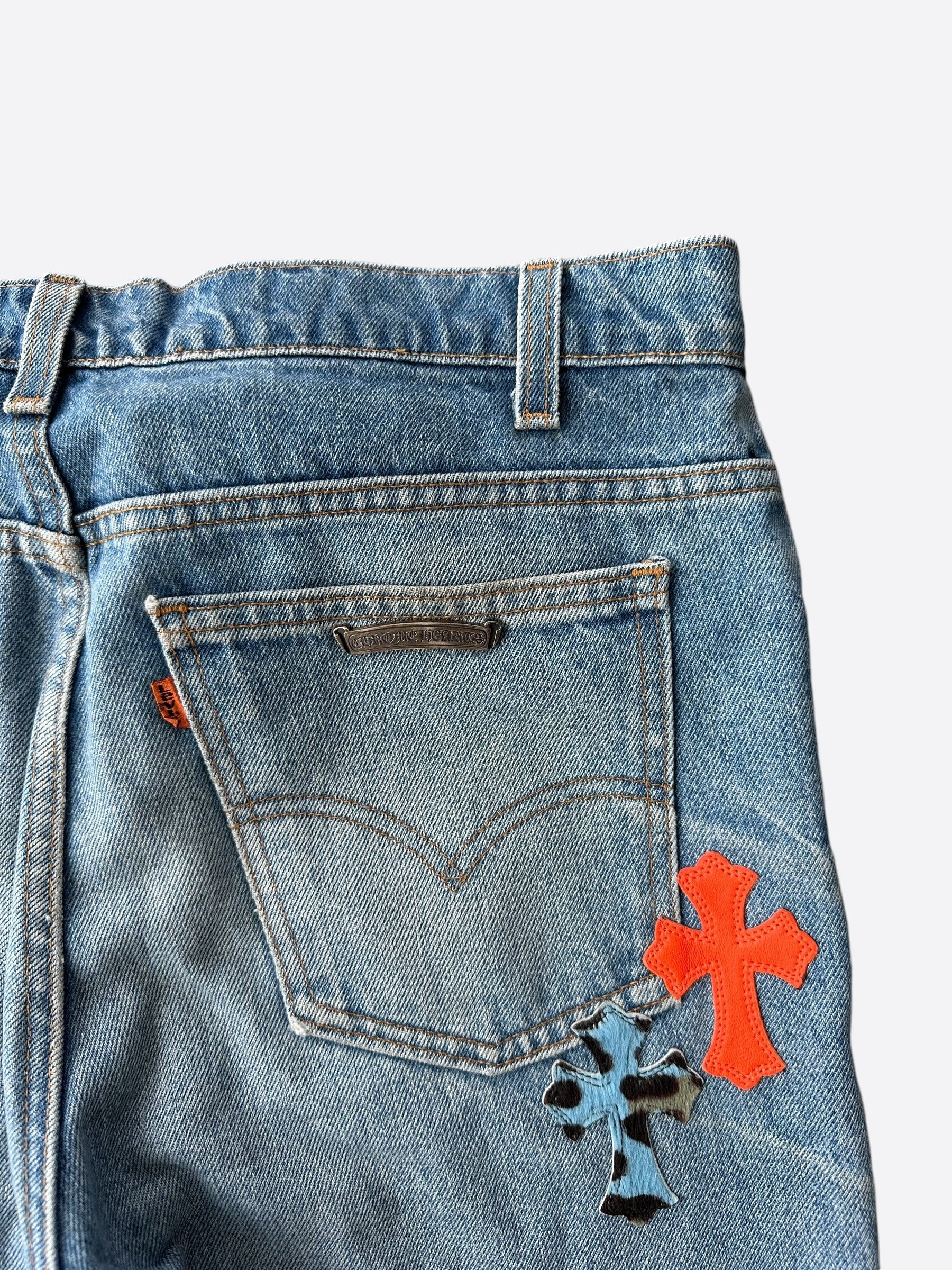 Chrome Hearts x Levi's Exclusive St. Barth Blue & Orange Cross Patch Jeans for Men & Women - Perfect for Streetwear, Casual Outfits, and Fashion Statements