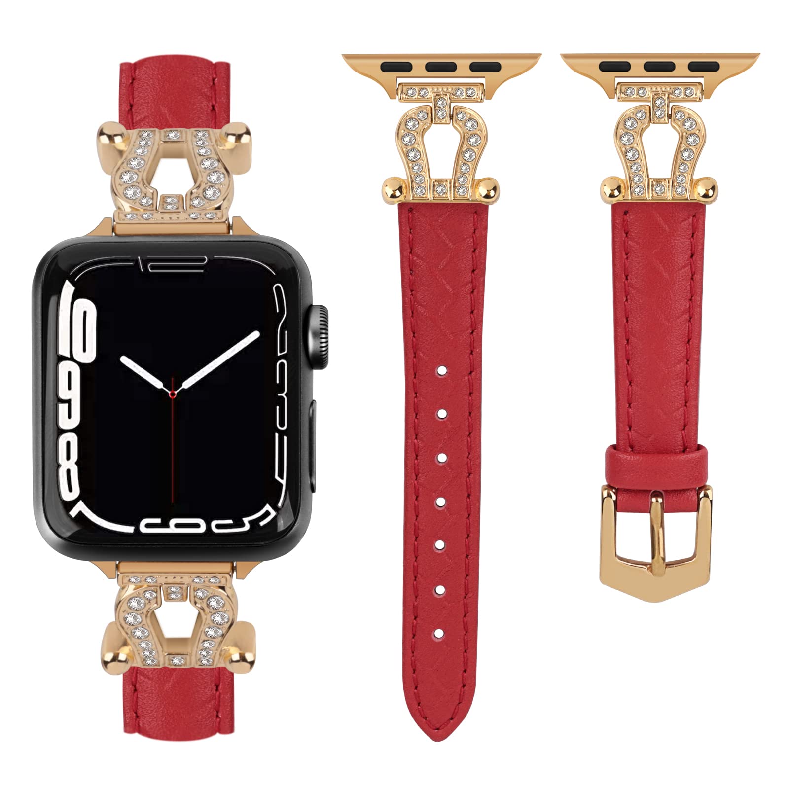 Mxiixnai Genuine Leather Bands for Apple Watch - Compatible with 38mm/40mm/41mm/42mm/44mm/45mm/49mm (Ultra) - Bling Diamond U-Shape Metal Buckle Strap for iWatch Series 8/7/6/5/4/3/2/1/SE - Perfect for Women's Fashion Accessories, Workout & Everyday Wear